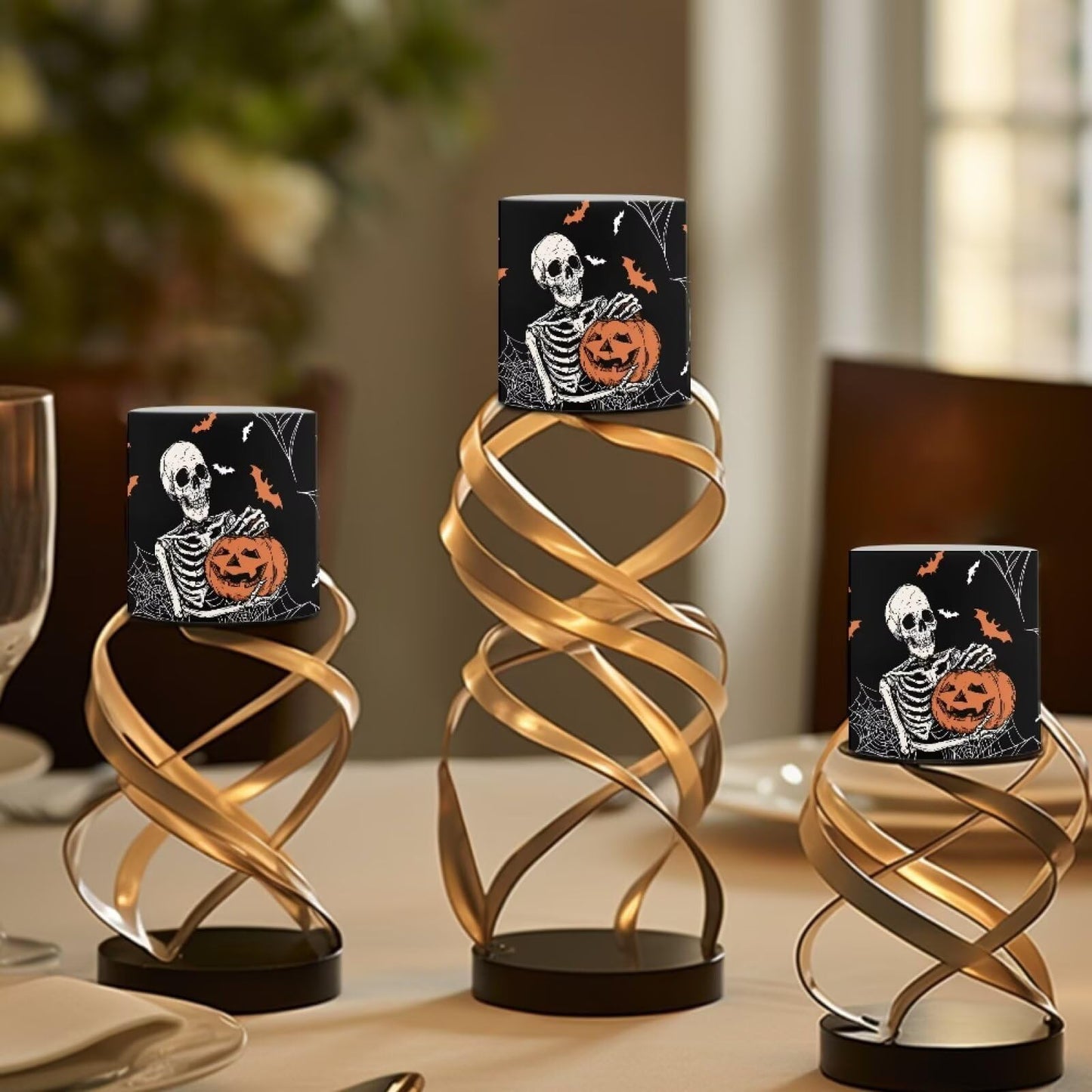 Merkmak Halloween Pumpkin Skeleton Flickering Flameless Candles with Remote Battery Operated Candles with Timer Control LED Pillar Tea Lights for Indoor Outdoor Banquet Party Home Decorations