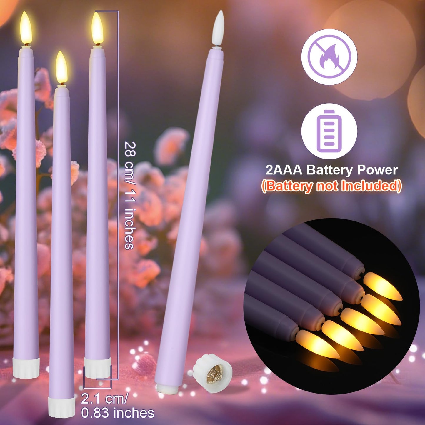 Macarrie 24 Packs Flameless Taper Candles Battery Operated Fake 11 Inch Long Candlelight LED Flameless Candlesticks Flickering Tapered for Spring Summer Wedding(Lavender Purple)