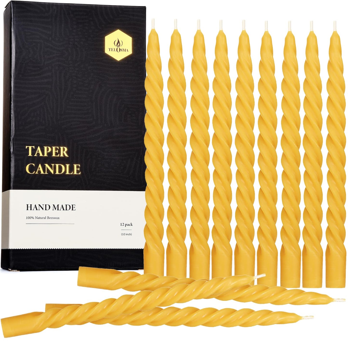 Natural Beeswax Spiral Taper Candles Bulk -12 pcs - Organic Dripless Long Candle Sticks for Dinner Wedding Party Christmas Home Decorations - 10 Inch Tall - Yellow