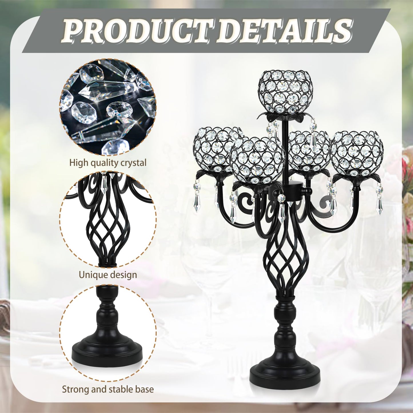 Kehail 5-Arm Crystal Candelabra Centerpiece 23.2" Tall - Elegant Candle Holder Stand with Crystal Bowl, Chic Table Decor for Weddings, Parties, Anniversary & Home Decoration (4, Black)