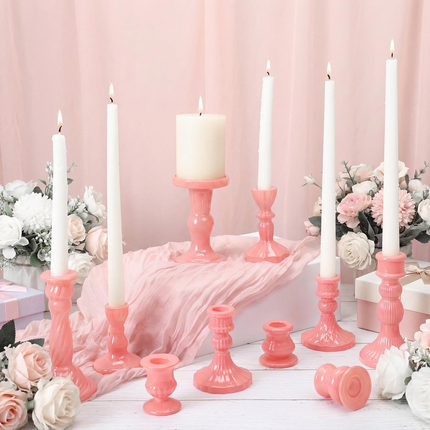 Mumufy 10 Pcs Glass Crystal Taper Candle Holders Clear Glass Candlestick Holder Fit 0.8 Inch Candles Crystal Decorative Candle Stand Centerpiece Table Wedding Dining Party (Classic,Cream Pink)