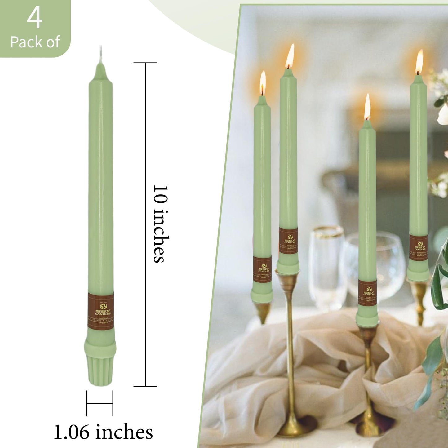 Green Taper Candle 10 Inch Long Candlesticks Unscented Dripless Tapered Candle Set for Home Decor Wedding Party Dinner Candles, 4 Pack