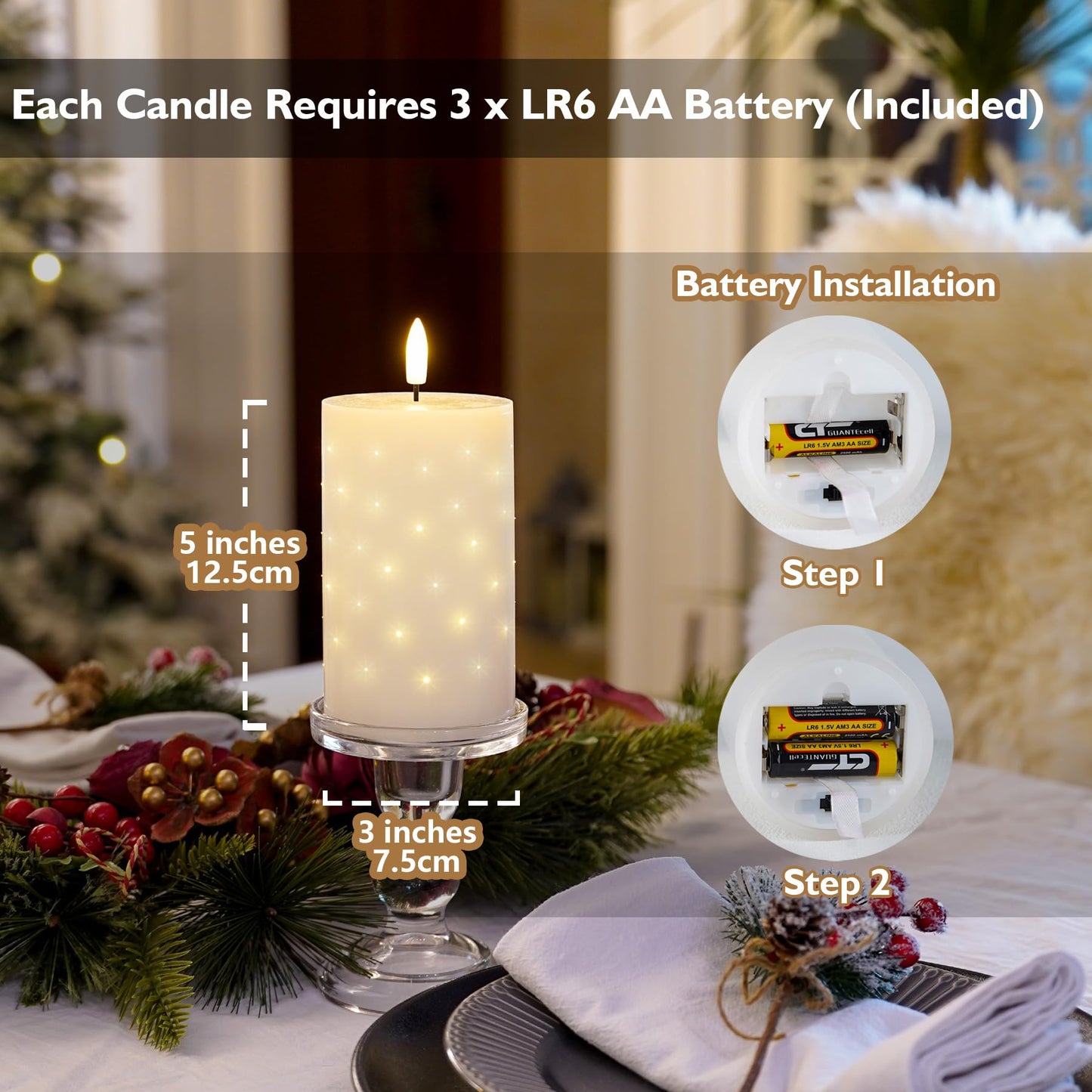 Rhytsing 5 inches White Real Wax LED Candles with Twinkle Fiber Optic Lights, Battery Operated Decorative Candles for Christmas Table Centerpieces, Batteries and Remote Included - Set of 2