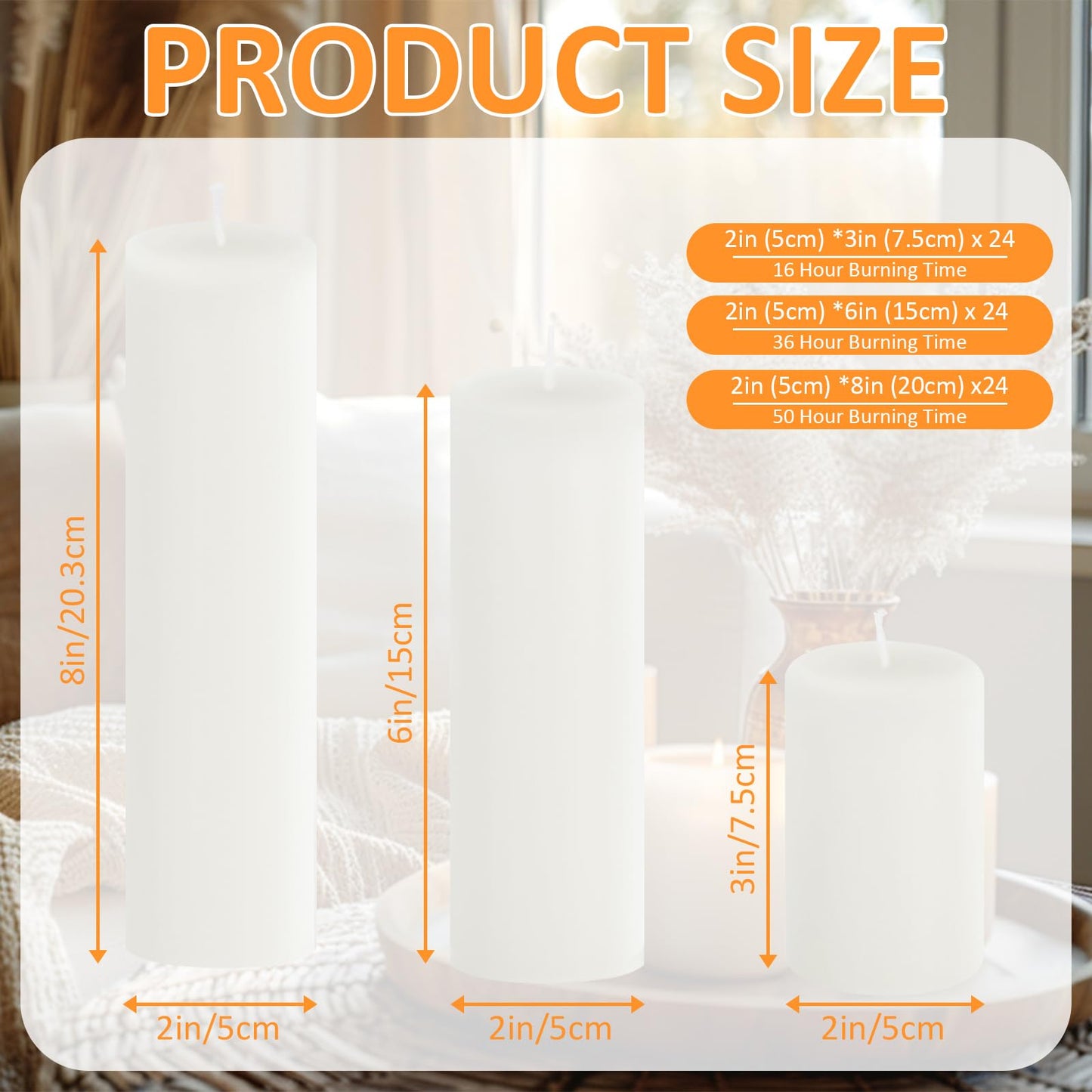 Trxvxo 72 Pcs White Pillar Candles Bulk Set: 2 x 3/6/8 Inch (24 Each), Dripless Unscented Smokeless Hurricane Candles for Creating Warm Elegant Atmosphere at Weddings, Parties and Events.
