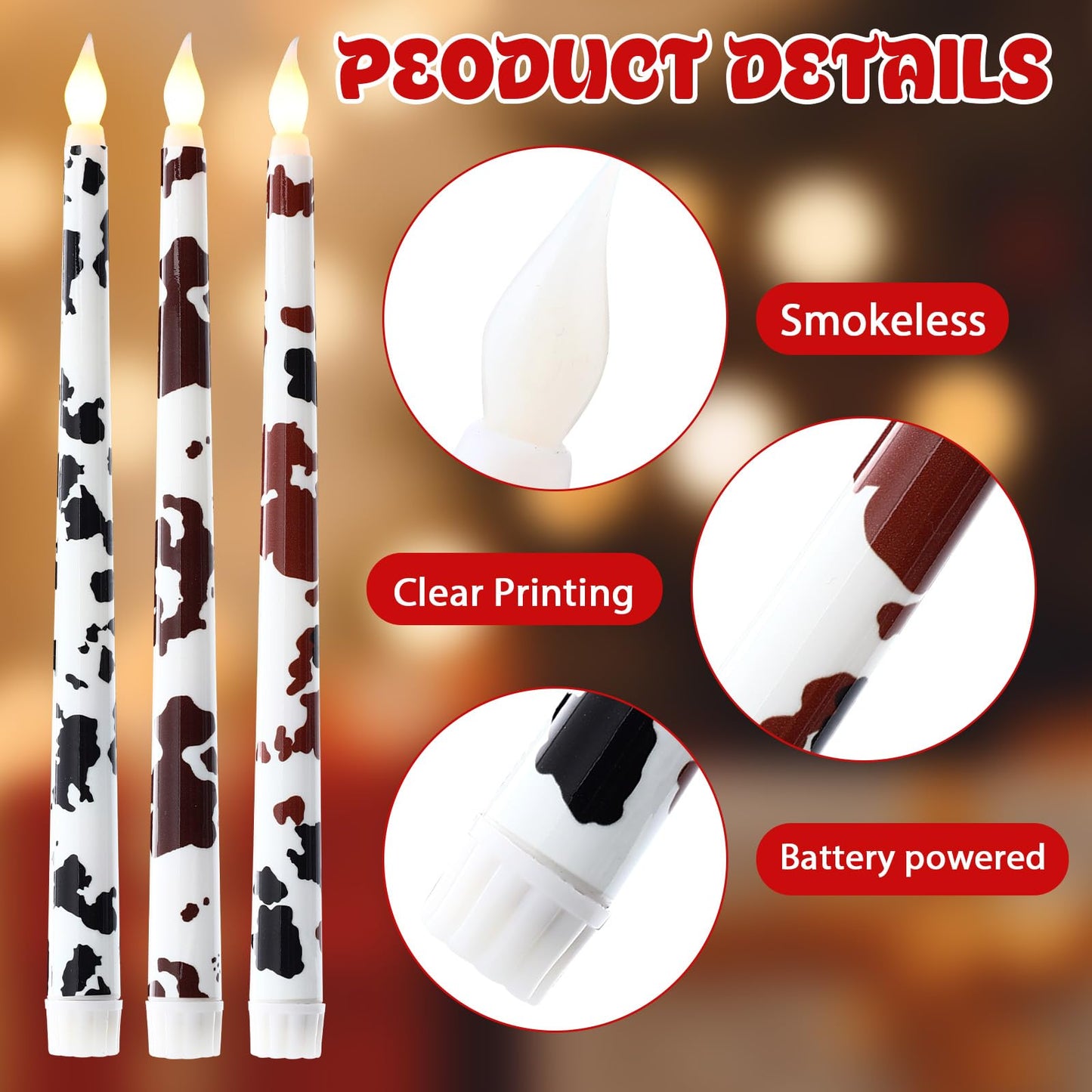 Kittmip 6 Pcs Christmas Cowhide Printed Flameless Taper Candles 11 Inch Battery Operated LED Western Country Rustic Candles Farmhouse Table Centerpiece for Xmas Holiday Party Decor Gifts