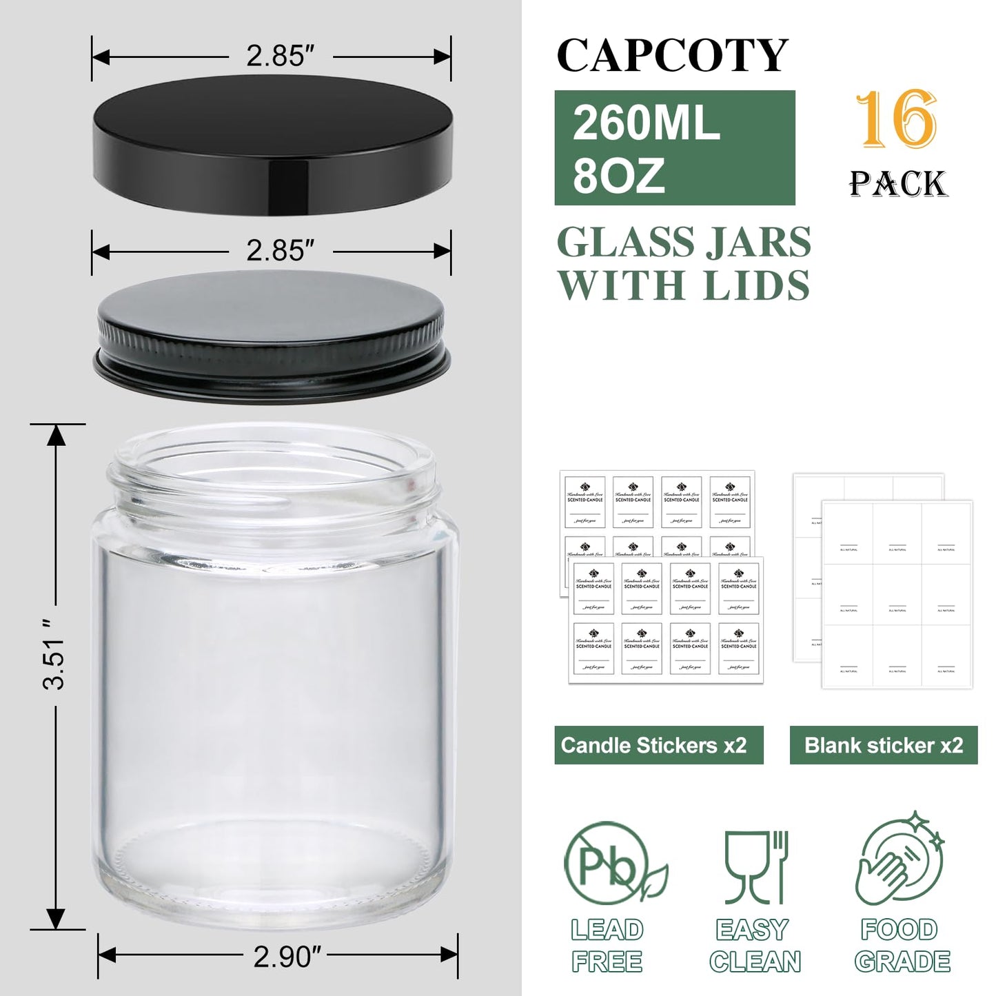 Maredash 16 Pack 8 OZ Glass Jars with Lids gift for women,Candle Jars,Glass Jar for Candles, Samples, Spices, Powders