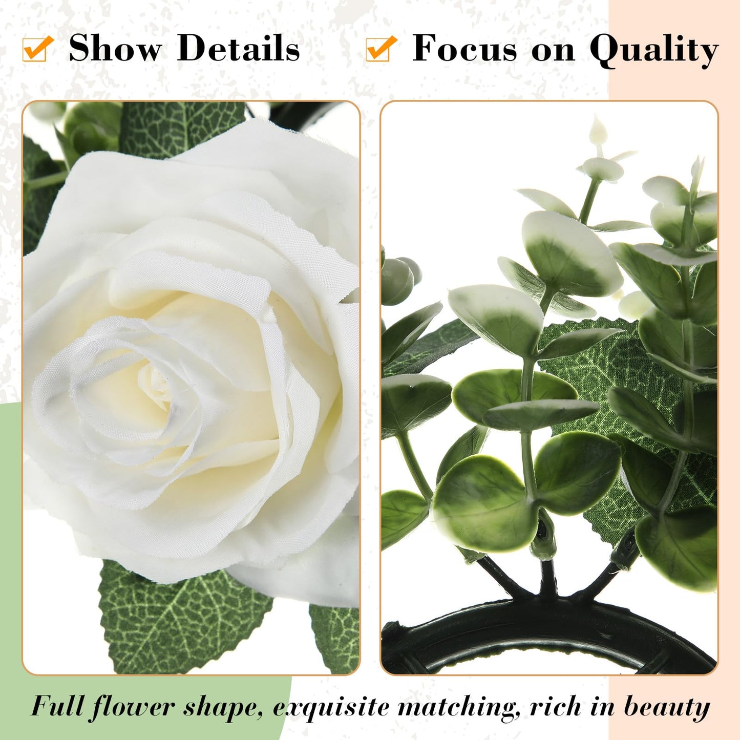 Yunlly 32 Pcs Rose Candle Rings with Flameless Candles Sets, Artificial Flower Eucalyptus Wedding Centerpiece 3 Inch Pillar Candleholders Wreaths for Wedding Party Mother's Day (White)