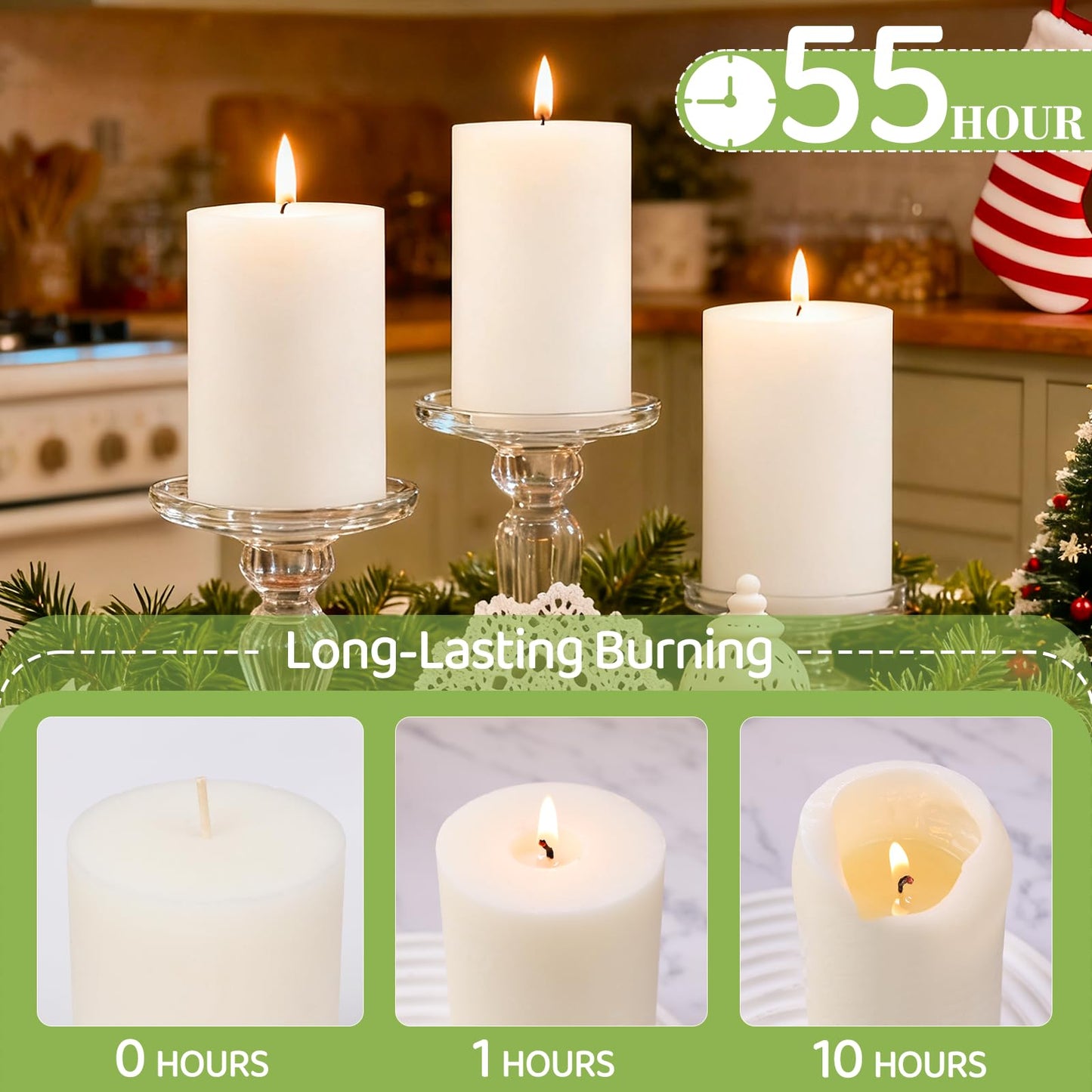 6 Pack Soy White Pillar Candles,Natural Soybean Pillar Candles,330 H Long Burning,2.8x4in Non-Toxic,Unscented,Dripless and Smokeless Rustic Hand-Poured Candles Dinner Table,for Wedding,Home
