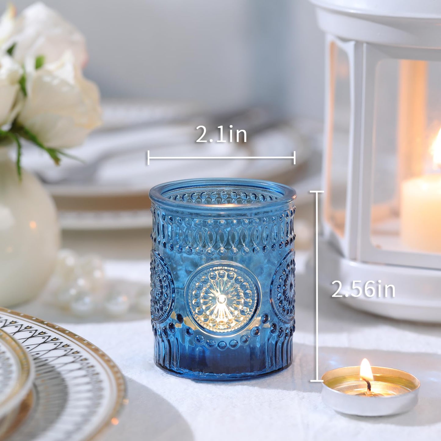 Lanttu Blue Votive Candle Holder Set of 12, Glass Tea Lights Candle Holders for Wedding Table Centerpieces, Birthday Parties, Home Decor and Holiday Decor