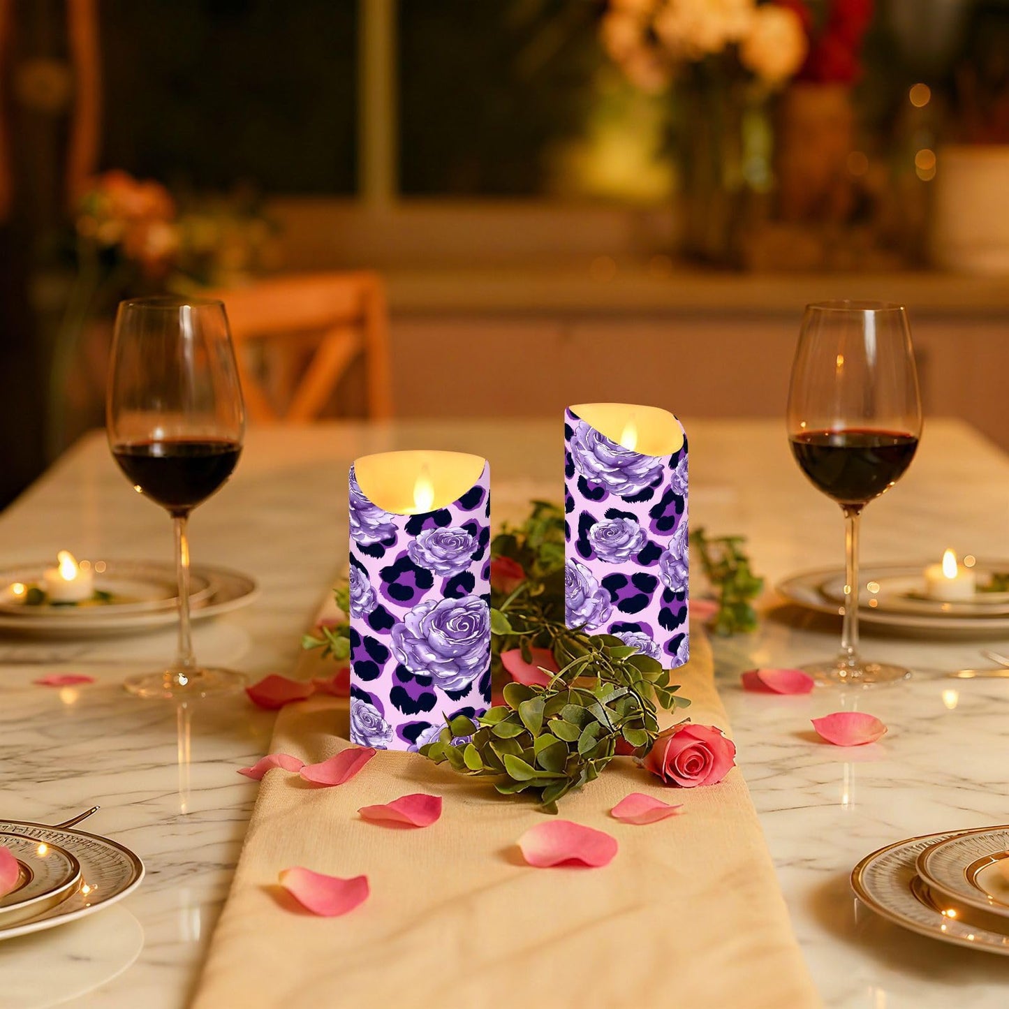 ALAZA Purple Leopard Print Rose Pattern Flickering Flameless Candles Battery Operated with Remote Timer,Tea Light Candles LED Pillar Votive Set of 2 for Outdoor Indoor Decorations 3" x5.9"