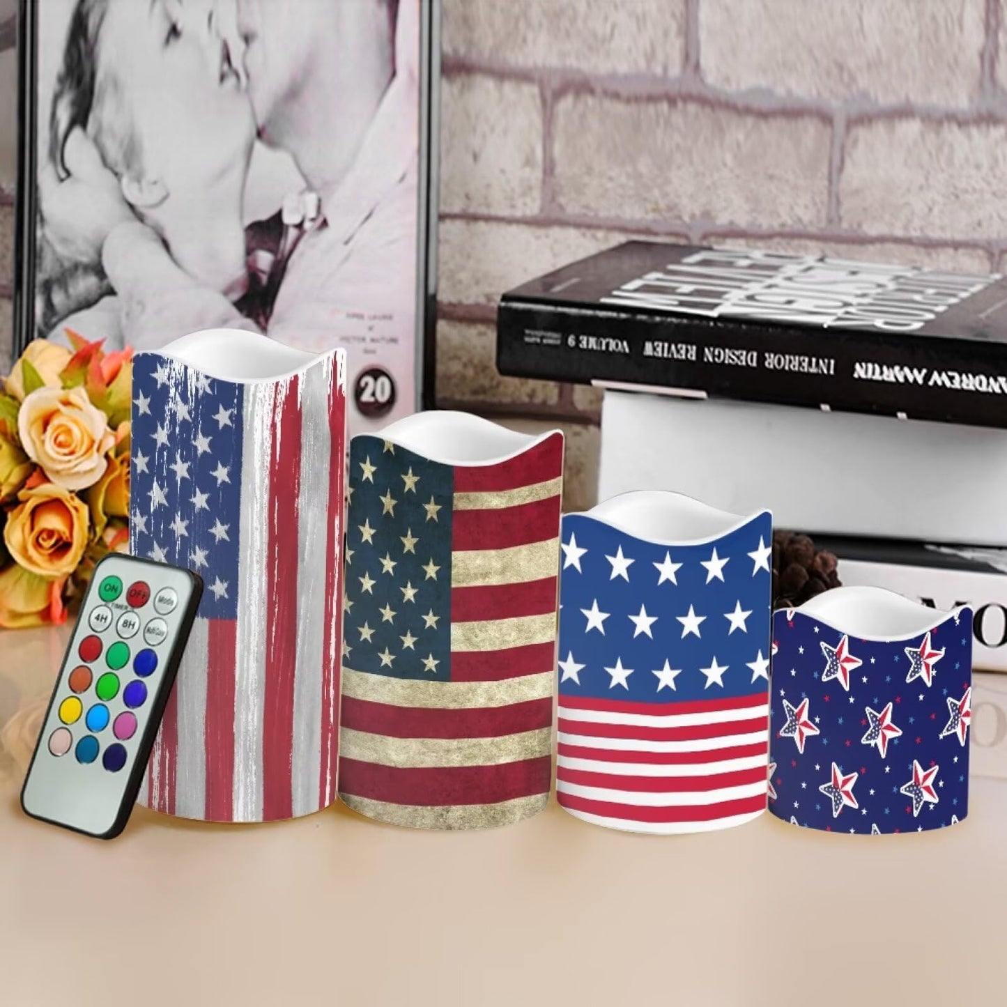 Ystardream 4 Pcs Independence Day Flameless Projector Candle with Remote Timer-American Flag Patriotic Projector Light LED Candles Battery Operated for 4th of July Home Indoor Holiday Party Decoration