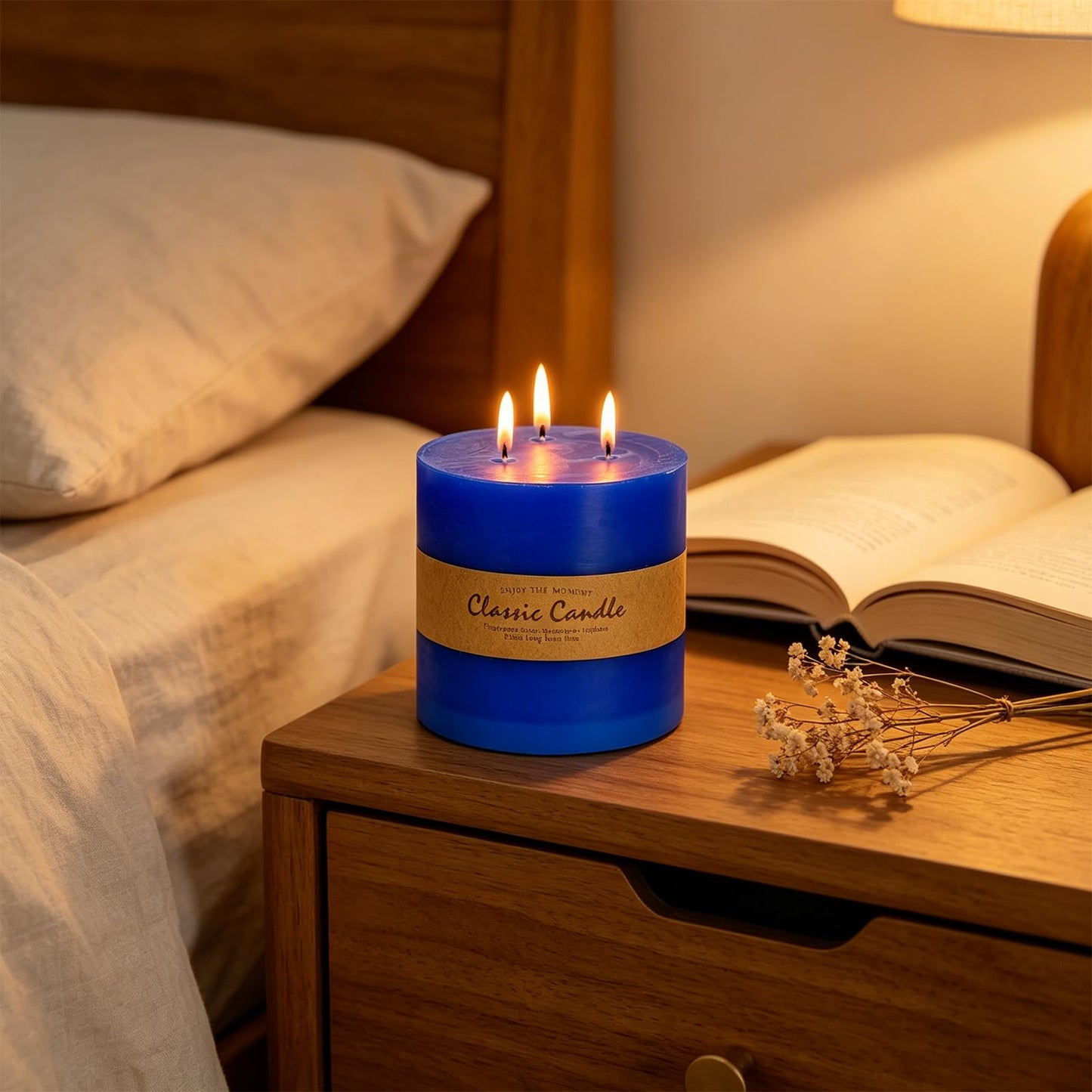 6" x 6" Blue Hand-Poured Candle, Dripless & Clean Burning (120 Hours), Unscented Rustic Pillar, Perfect for Men's Gift, Nautical Theme Weddings, Blue & Gold Party Decor