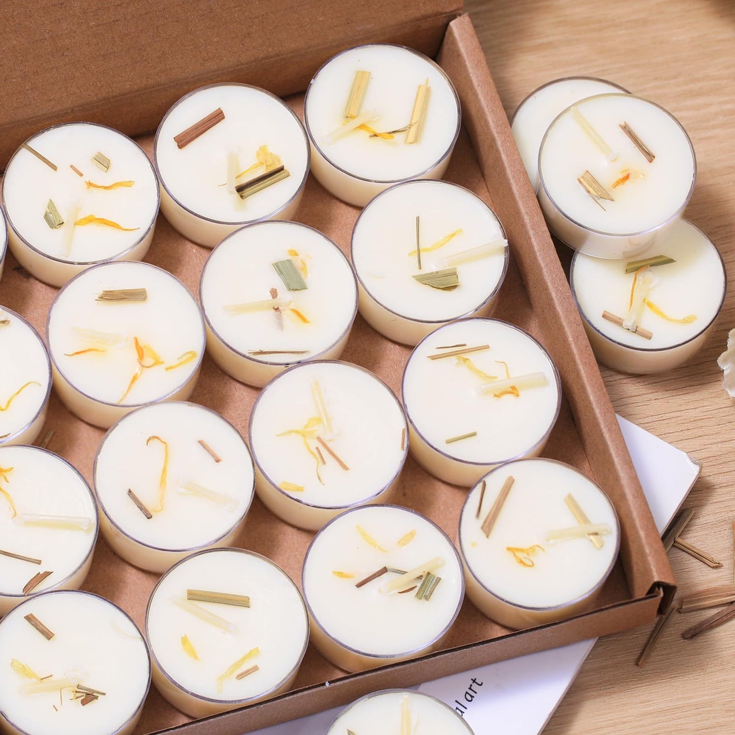 48Pcs Citronella Scented Tealight Candles, Palm Wax White Tea Lights, 4h Long Burning Tea Light Candles with Dried Flowers for Holiday, Wedding, Spa, and Home Decoration