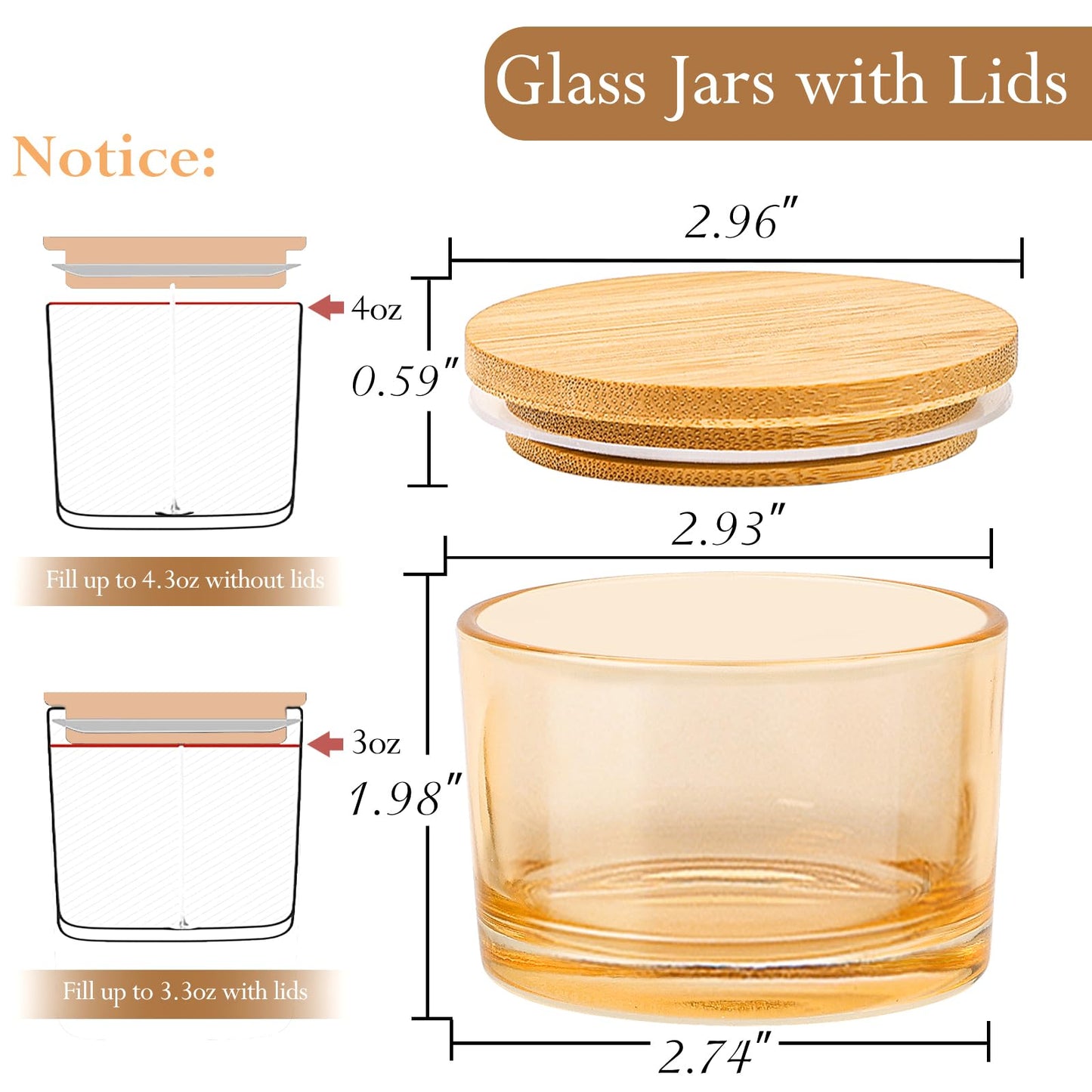 CONNOO 15 Pack 4 OZ Gold Amber Glass Candle Jars with Airtight Bamboo Lids for Making Candles, Bulk Small Wide Mouth Empty Candle Containers with Sticky Warning Labels - Dishwasher Safe, Champagne