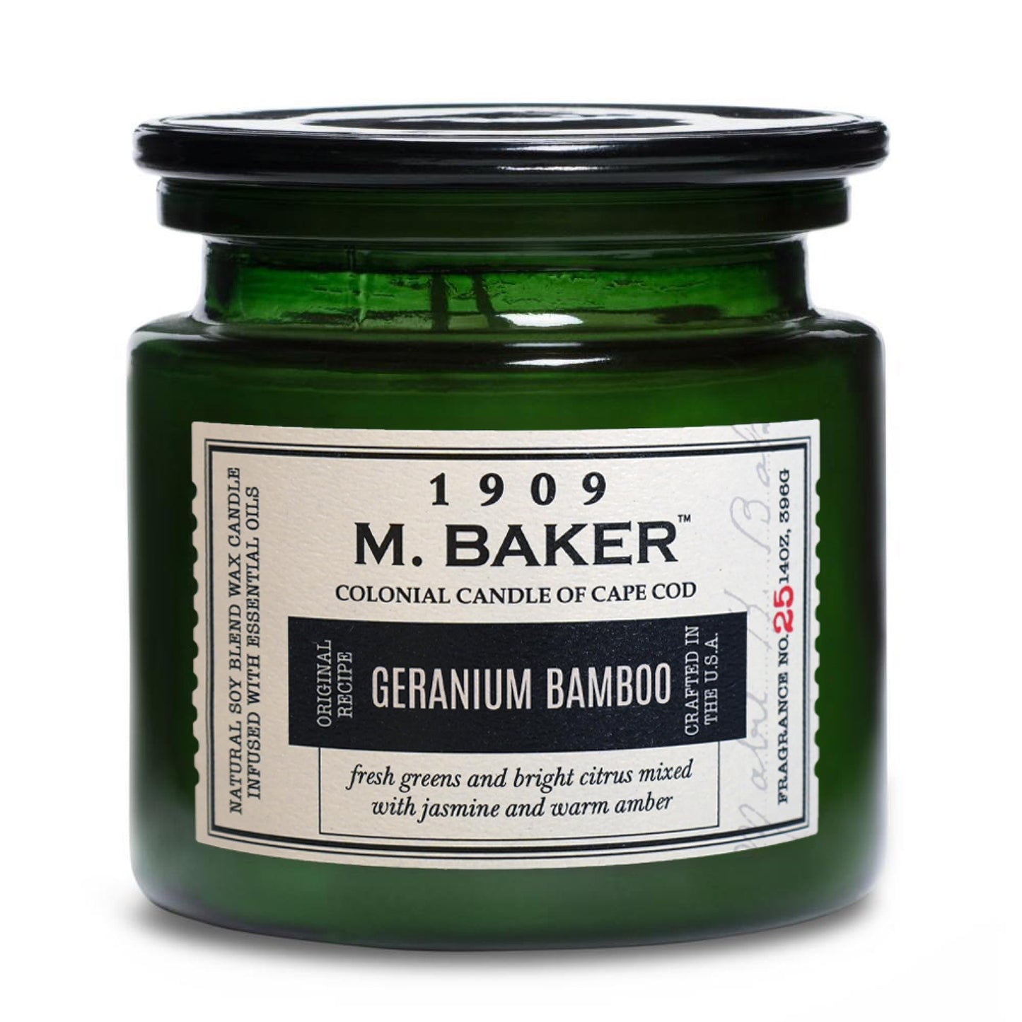 Colonial Candle Geranium Bamboo Scented Candle, 2-Wick Natural Soy Blend Wax Candle Infused with Essential Oils, 14 oz Apothecary Glass Jar Candle - Made in The USA