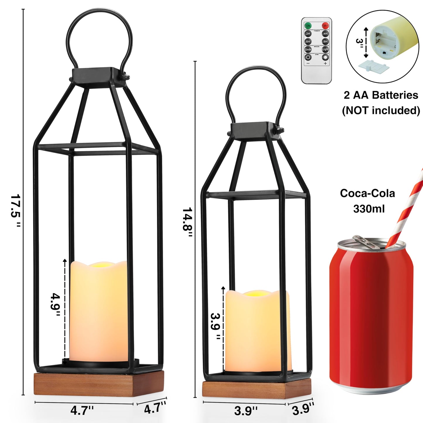 Perfnique Metal Lanterns w/ Pine Wood, Set of 2 Farmhouse Lantern Decorative w/ Waterproof Flameless Candle & Remote Timer, Modern Farmhouse Candle Holder for Outdoor, Porch, Fireplace(Wood Base)
