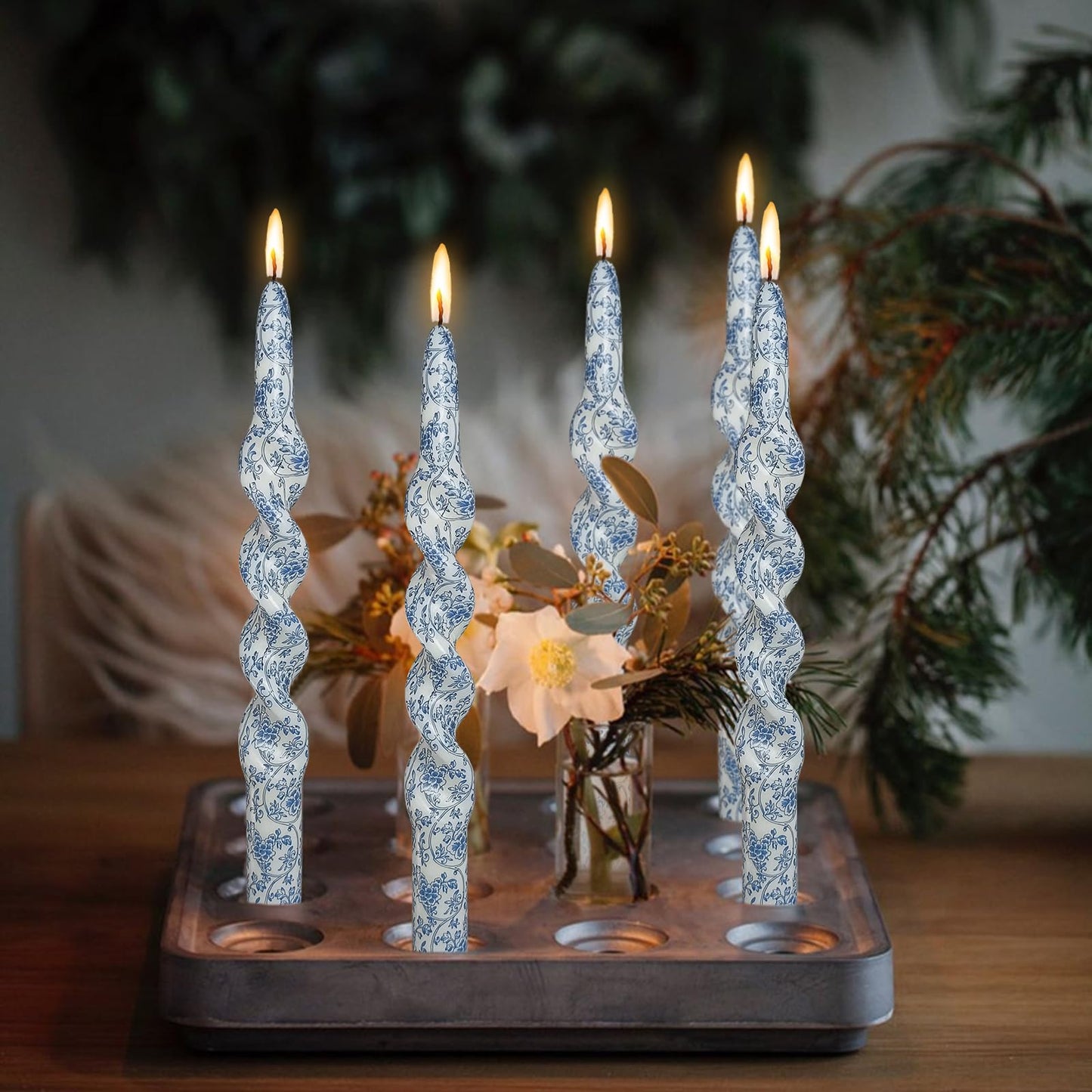 Spiral Candlesticks Set of 4 - Handmade Unscented Blue Floral Print Taper Candle 10" Long Blue Flower Design for Home, Wedding, Gifts
