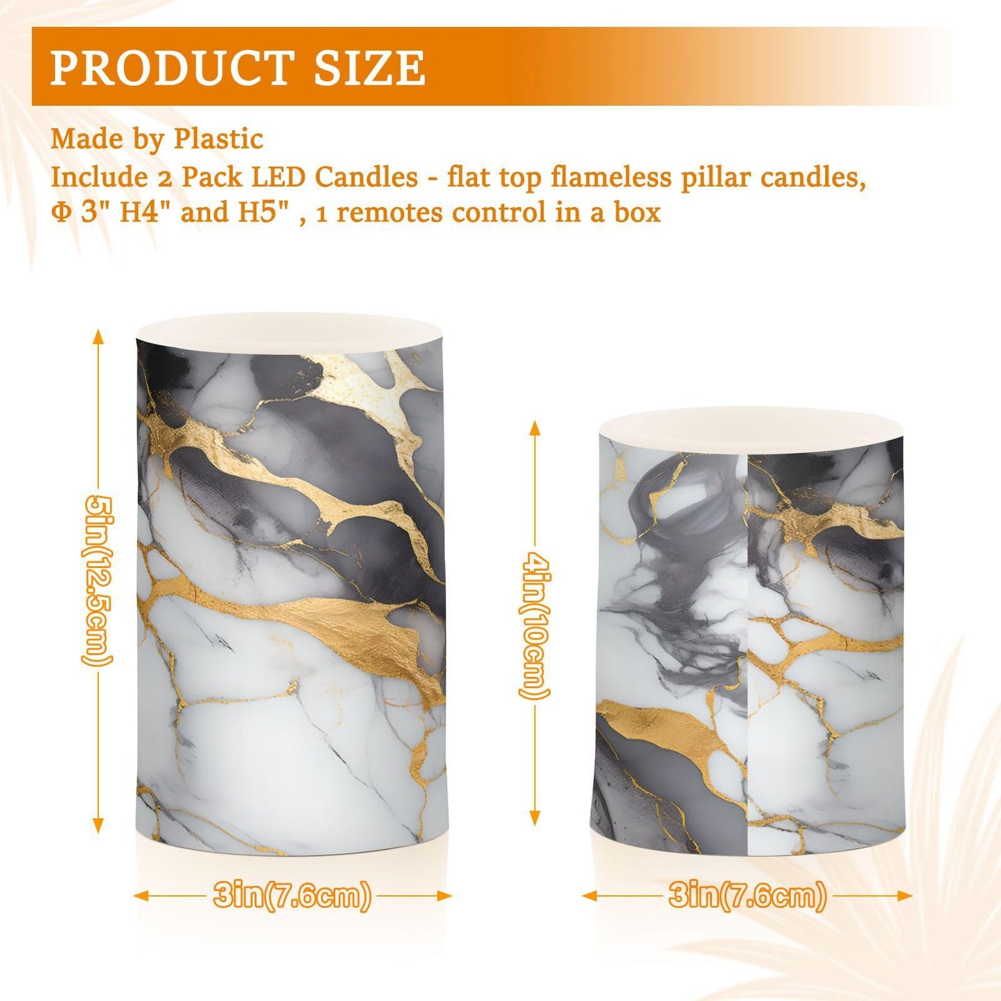 ALAZA White Grey Gold Marble Textures Flameless Candles, LED Pillar Candles with Remote Timer, Battery Operated Candles Set of 2