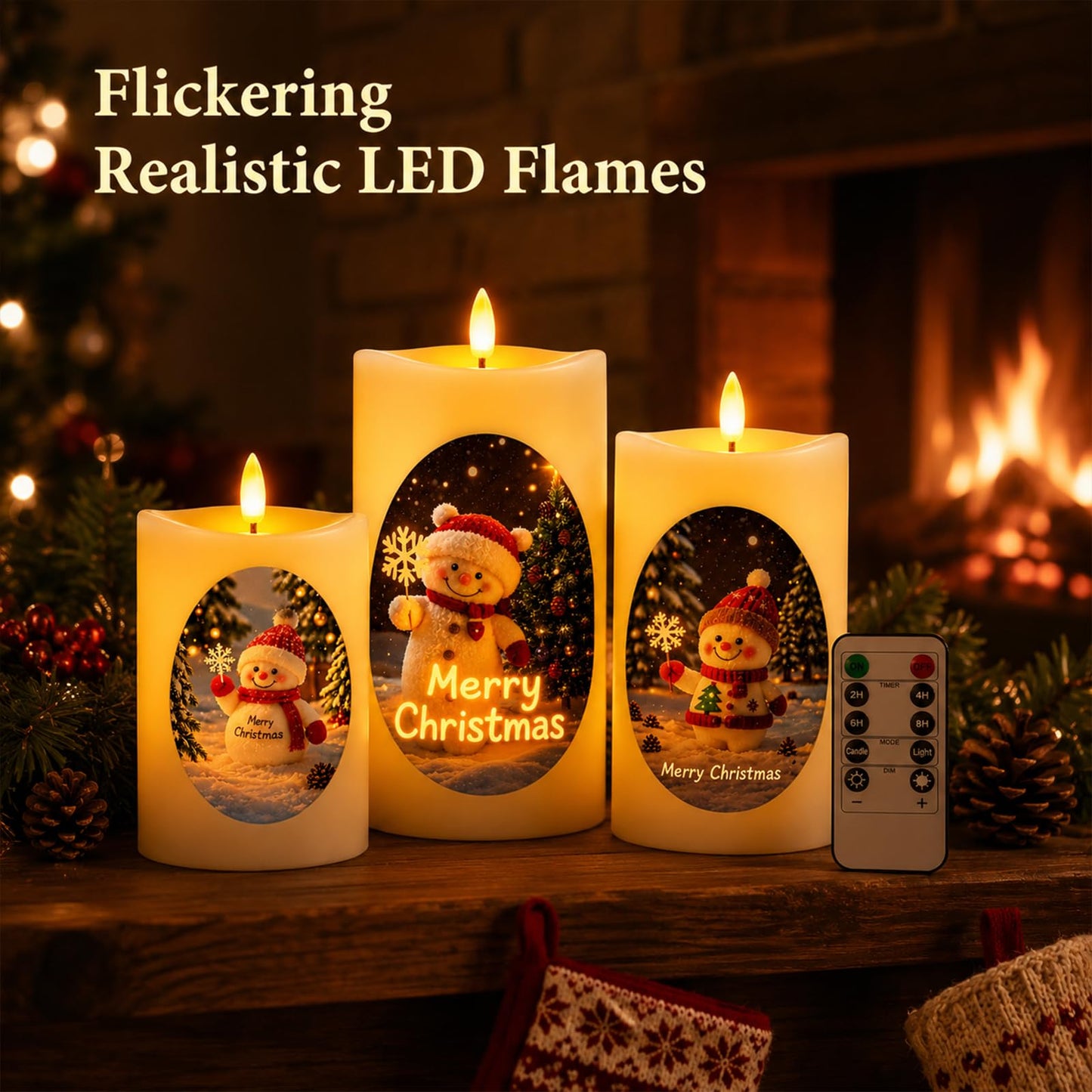 Tzgckui Flameless Candles, Battery Operated Led Flickering Flameless Candles 3 Pack for Christmas, White Cylindrical with Winter Scene, Remote Control & Timer, 4/5/6 Inch for Holiday Home Decor