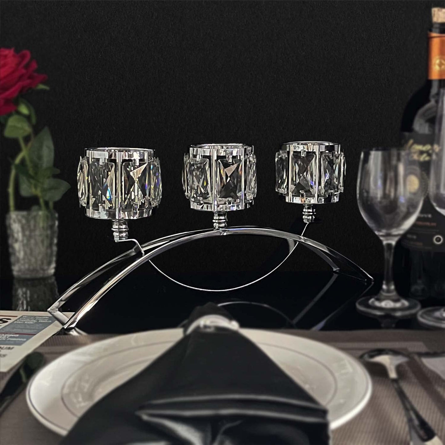 KEHAIL 3 Arms Crystal Candle Holders, Arch Candlestick Table Candelabras Centerpieces for Wedding, Dinning Room, Cabinet Ornaments, Home Decoration， Gift (3-arm Arched, Silver)