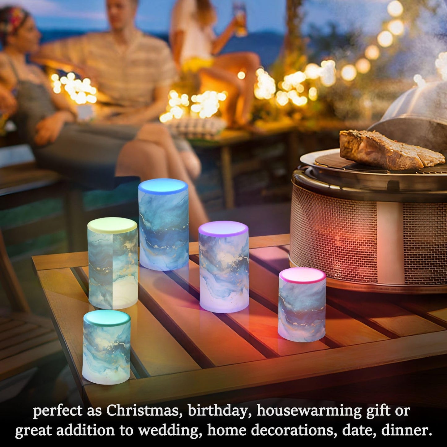 BOENLE Flickering Flameless Candles, Marble Navy Blue LED Candles with Remote Timer, Set of 2 Battery Operated Candle for Valentine Wedding Birthday
