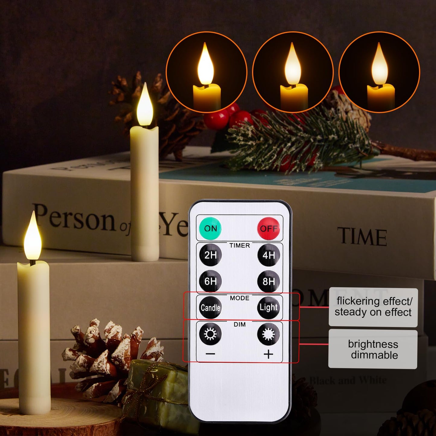 IMAGE 12Pcs LED Taper Candles Light Set Flameless 3D Wick Ivory Candles with Clip-on Christmas Tree Design, 10-Key Remote with Timer, Warm White Light, Battery Operated for Versatile Decoration
