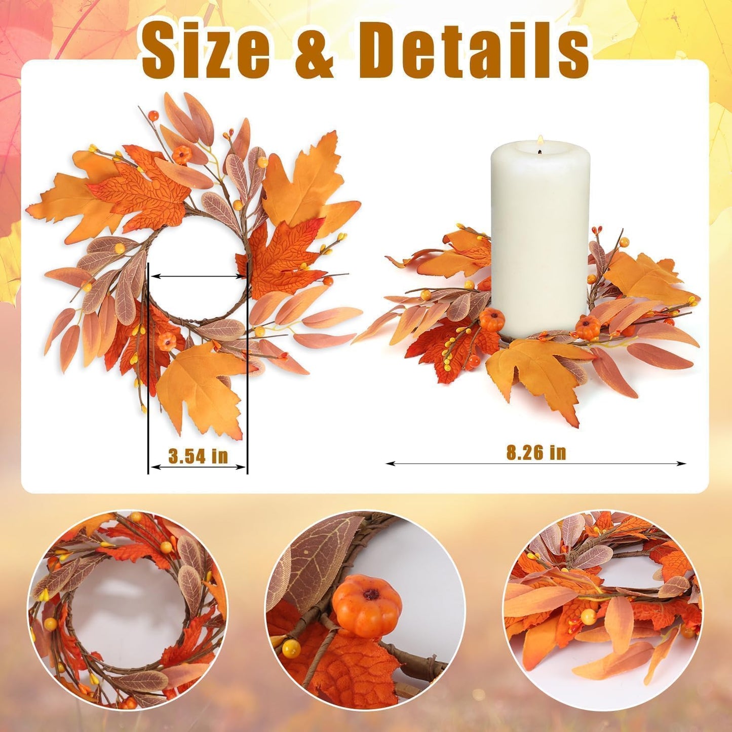 6 Pcs Mini Fall Wreaths Thanksgiving Table Centerpieces Fall Candle Rings 9 Inch Maple Leaf Wreaths for Cabinets Farmhouse Autumn Wreath for Front Door Porch Wall Window Decorations