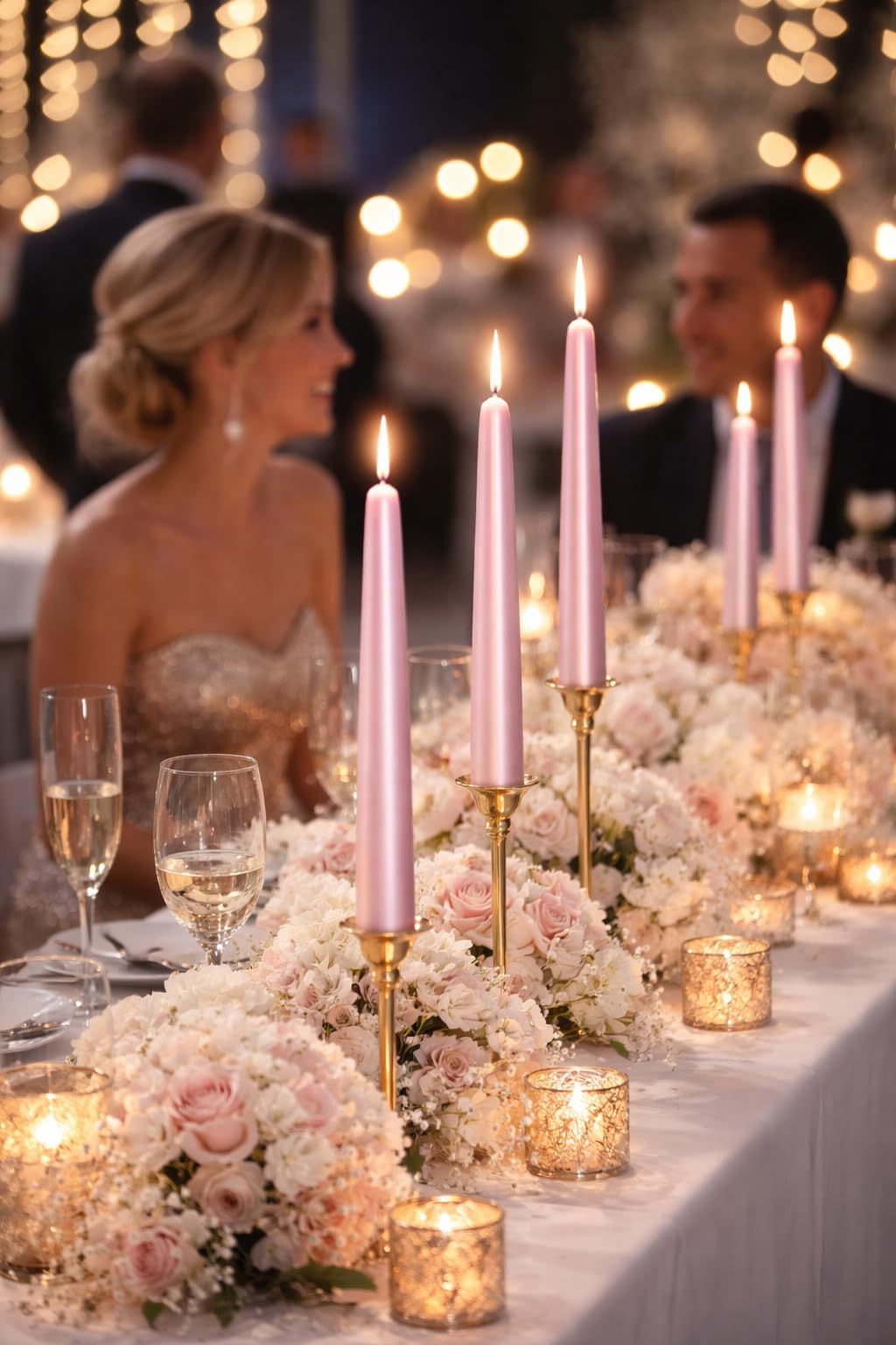 Light Pink Taper Candles 10'' with Pearl Shimmer Candle Sticks Set of 4 | Unscented Candlesticks for Home Decorations, Tapered Candles for Wedding Receptions Smokeless Dripless