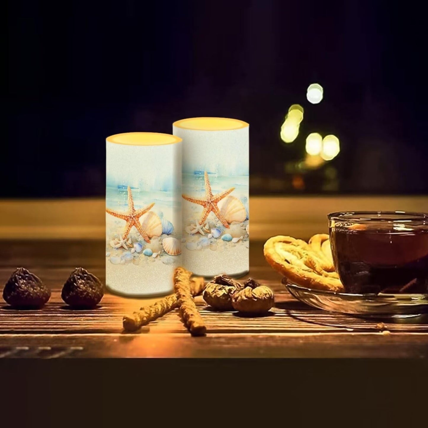 NETILGEN Flameless Candles LED Candles Electric Pillar Candles with Remote Timer Control Long Lasting for Indoor Outdoor Beach Themed Home Decoration Set of 2, Starfish Seashell Painting