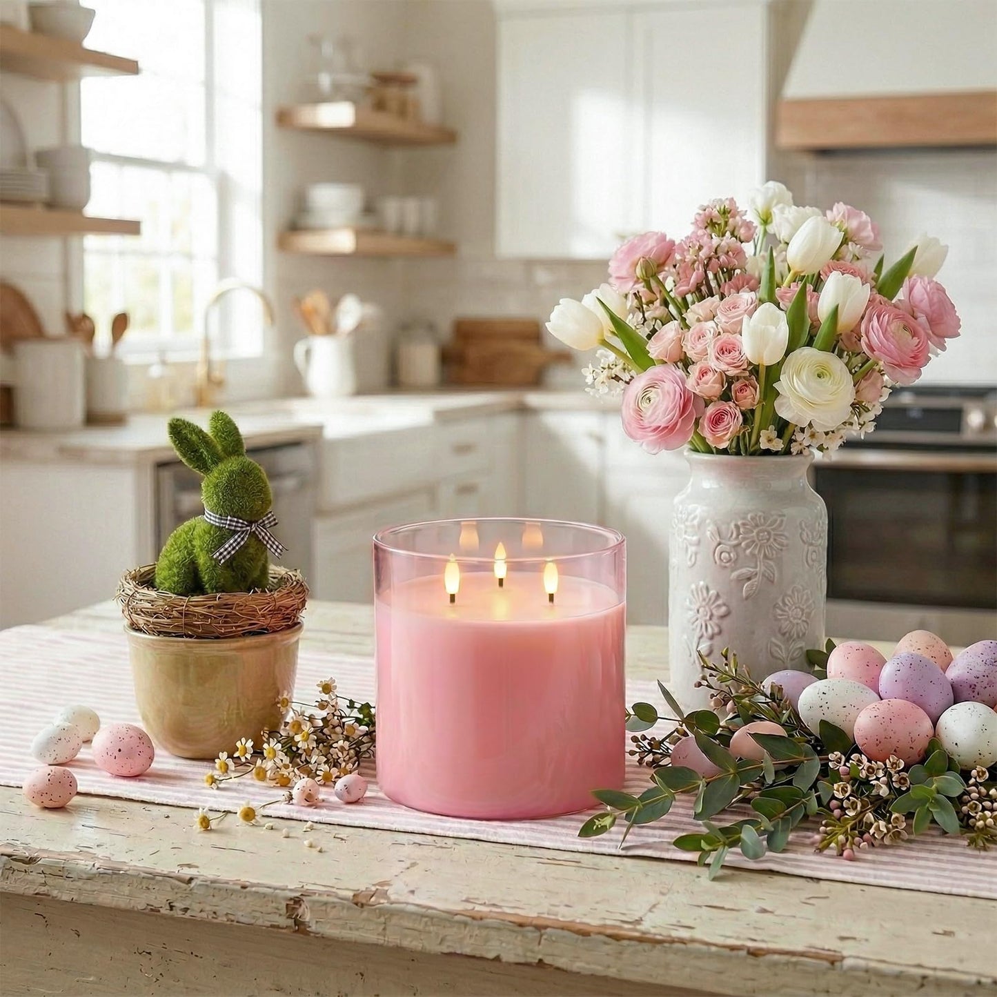 Homemory 6x6 Extra Large Flameless Candle with 3 Wicks, Pink Glass LED Pillar Candle, Real Wax Battery Operated Candle with Remote and Timer, Flickering Flameless Candle Home Wedding Valentine Decor