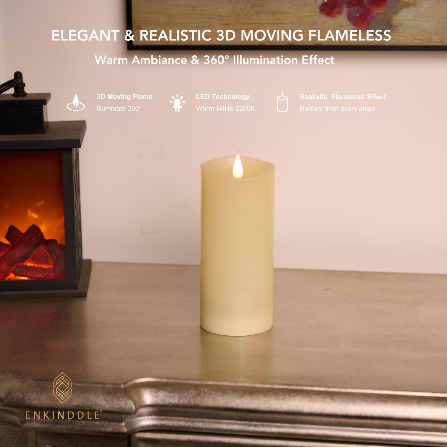 ENKINDDLE Tall Flameless Candles with Timer, 3D Moving Flame LED Pillar Candle, Real Wax Flickering Candle, Battery Operated, Ivory 3"x7" for Fireplace & Living Room Decor