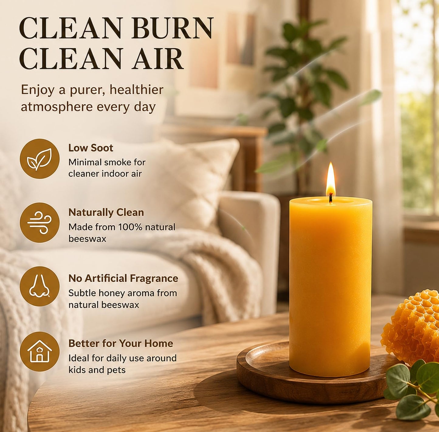 6 Packs Natural Beeswax Candles, 100% Pure Beeswax Pillar Candles for Emergency Prayer Home Decor, Bees Wax Candle for Relax, Smokeless & Dripless,2x4 Inch