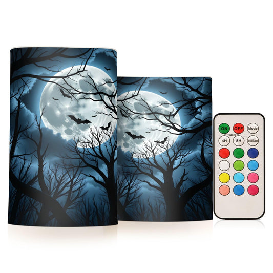 ALAZA Halloween Scary Night Bat Flickering Flameless Candles Battery Operated with Remote Timer,Tea Light Candles LED Pillar Votive Candles Set of 2 for Outdoor Indoor Decorations
