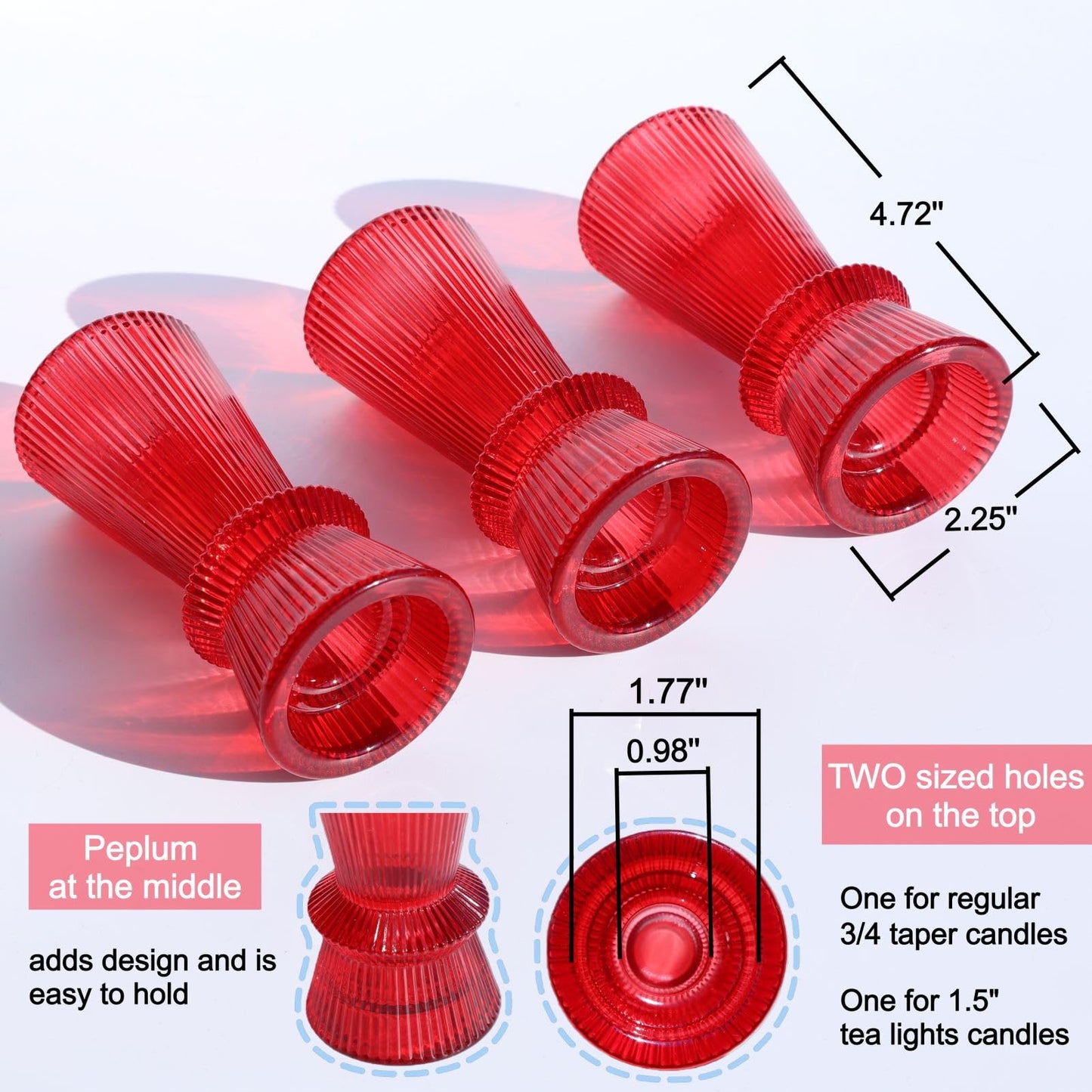 VOHO Red Candlesticks Holders for Christmas Decorations, Set of 3 Ribbed Glass Candle Holder Versatile for Taper & Tea Lights Candles, Romantic Red Taper Candle Holders for Valentines Day Anniversary
