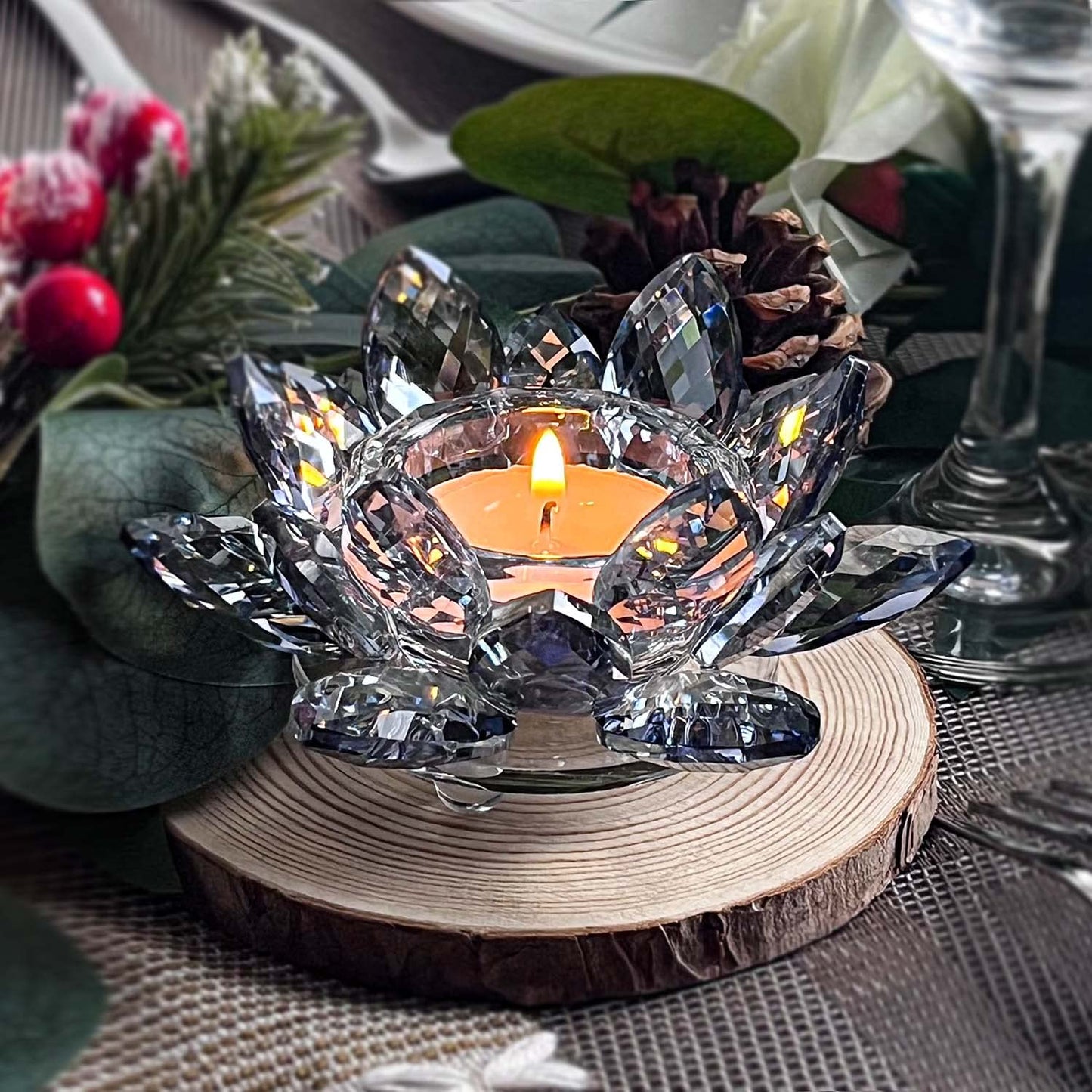 Kolnlala Crystal Lotus Flower Tealight Candle Holders/Glass Tea Light Candlestick Decor Decoration for Christmas Home Wedding Party… (Blue 2pcs)