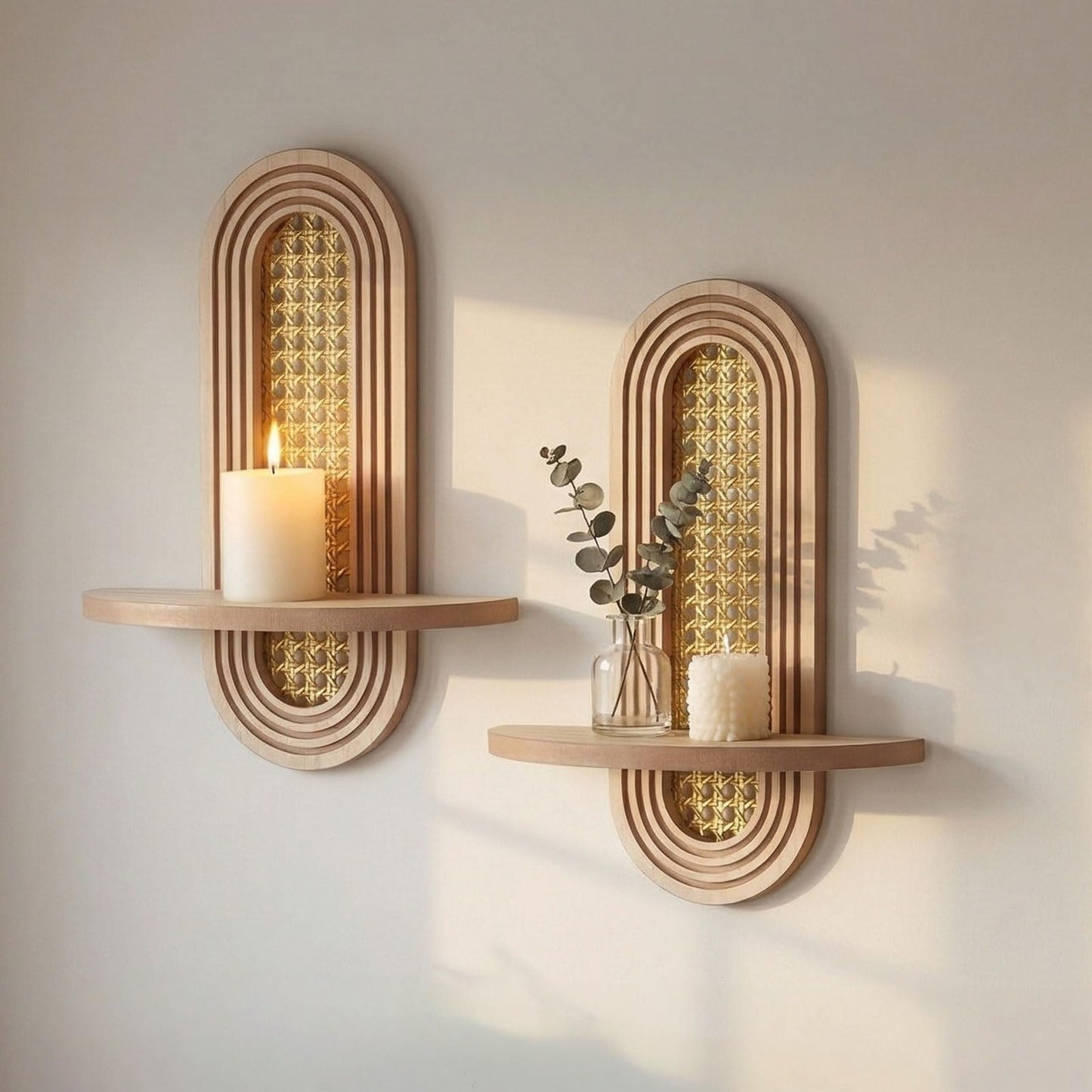 Wall Candle Holder Sconce, Set of 2 Wooden Wall Mounted Candle Holder with Arched Shelf and Gold Metal Vine Detail, Decorative Wall Sconce for Pillar Candles, Living Room Bedroom Entryway Decor