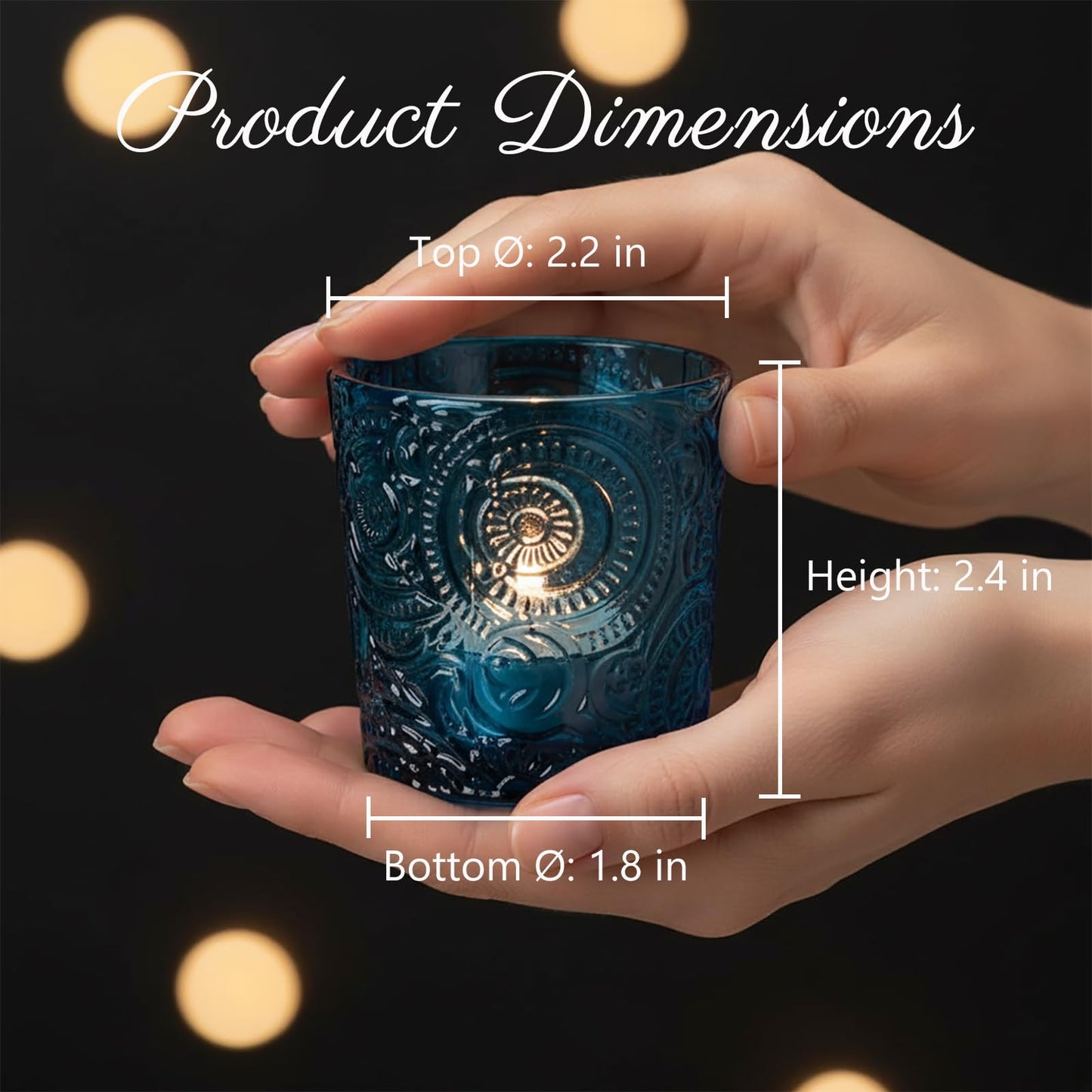 6 Pack Patented Sun Moon Star Embossed Glass Tea Light Candle Holders - Unique Votive Candle Holders for Wedding, Party, and Table Centerpieces (Ocean Blue)