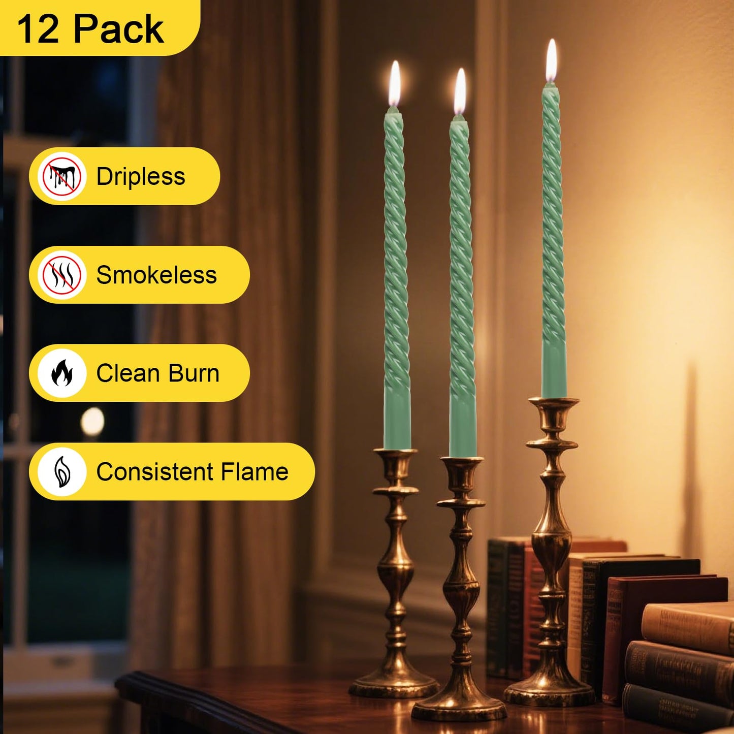 Tobeape 12 Pack 10 Inch Tall Sage Green Spiral Taper Candles, Unscented Dripless Twisted Wax Candles for Holiday Celebration Wedding Dinner Birthday Party Display Home Decor - 8 Hour Long Burning