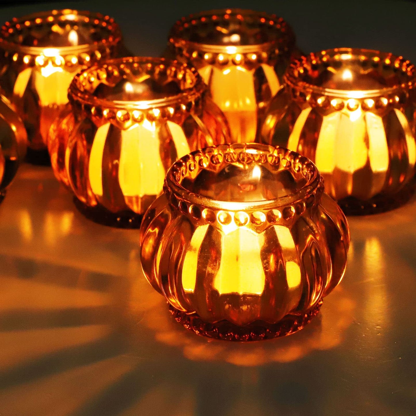 Woho 12pcs Amber Tealight Candle Holder, Glass Tea Lights Candle Holder for Wedding Table Decor, Votive Candle Holders for Birthday Party