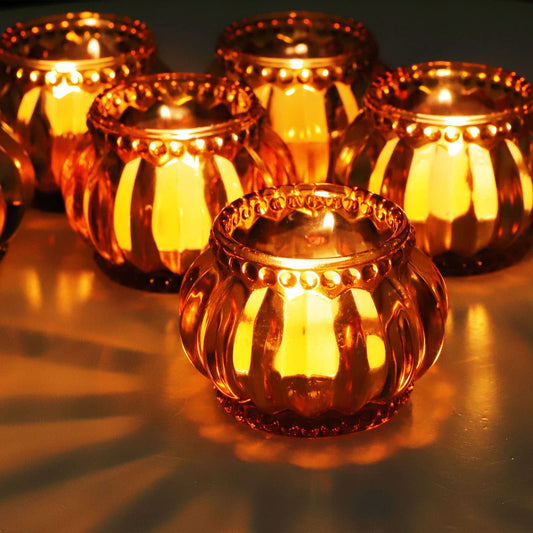 Woho 12pcs Amber Tealight Candle Holder, Glass Tea Lights Candle Holder for Wedding Table Decor, Votive Candle Holders for Birthday Party