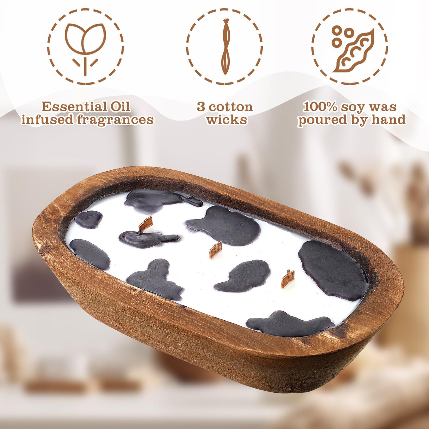 Siifert Wooden Dough Bowl Candle 3 Essential 20 Ounce Natural Soy Oil Wick Candle Wax Melts Rustic Farmhouse Decor Gifts for Women and Men(Cow Print)
