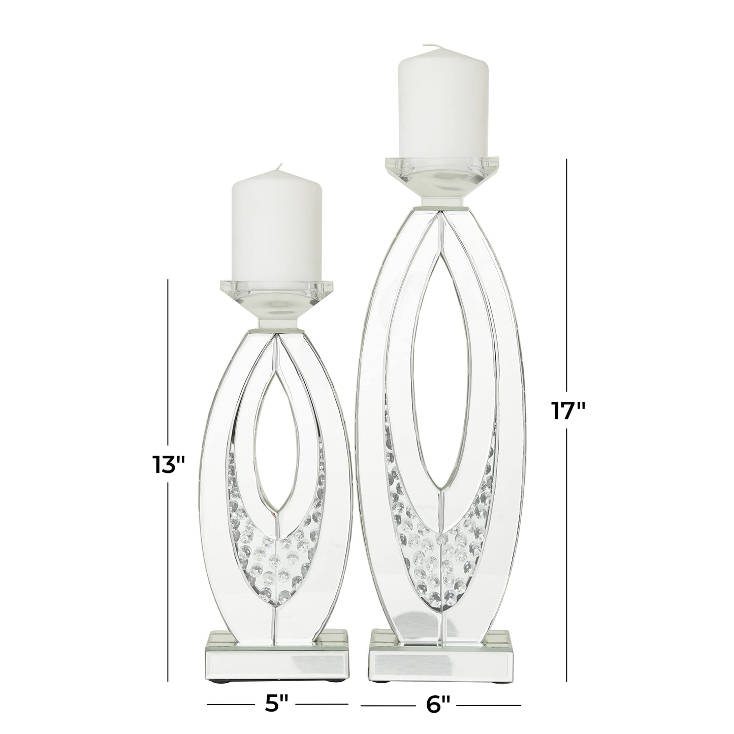 Deco 79 Glass Decorative Candle Holder Pillar Candle Stand with Mirrored Accents and Crystals, Set of 2 Candlestick Holder 17", 13" H, Silver