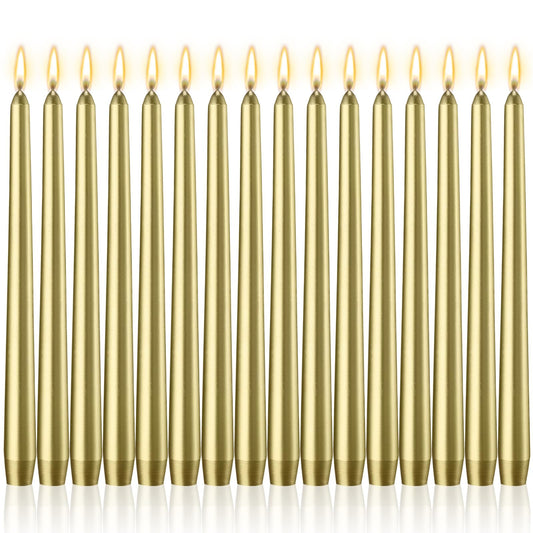 MTLEE 16 Pcs 10 Inch Long Tapered Candle Stick Bulk Smokeless Unscented Burning Candlestick Paraffin Wax with Cotton Wick for Dinner Valentine Wedding Birthday Anniversary Party Church(Warm Golden)