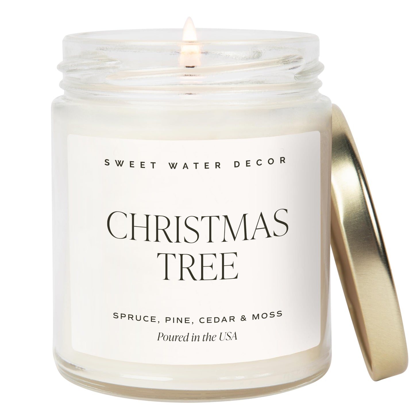 Sweet Water Decor Christmas Tree Candle - Pine Needles, Cedarwood, Cypress, and Evergreen Soy Holiday Scented Candles for Home - 9oz Clear Jar Candle, 40+ Hour Burn Time, Made in The USA