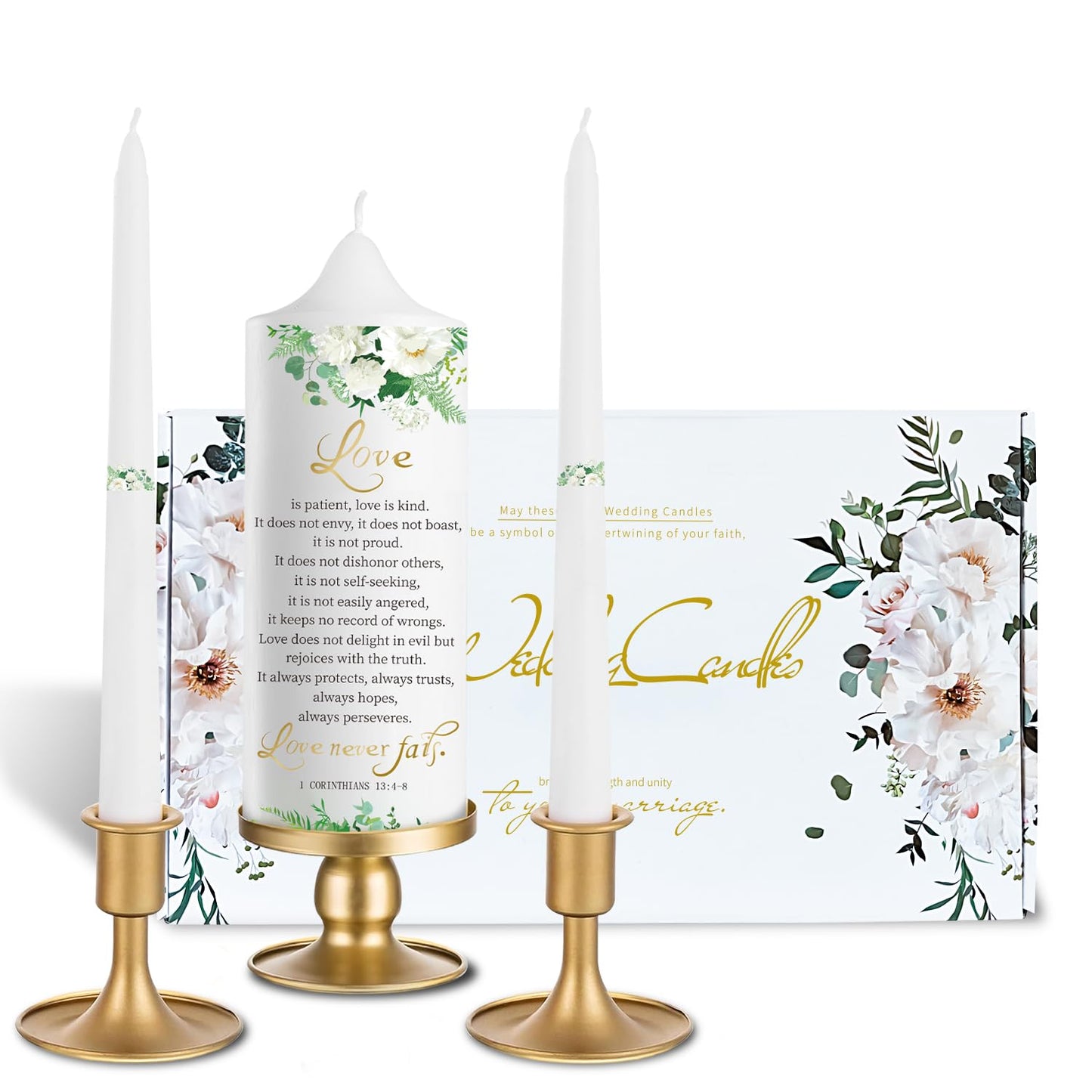 3 Unity Floral Candles for Wedding Ceremony Set with Gold Candle Holders, Bible Wedding Unity Set – Elegant Gift for Bride, Groom, Religious or Catholic Weddings