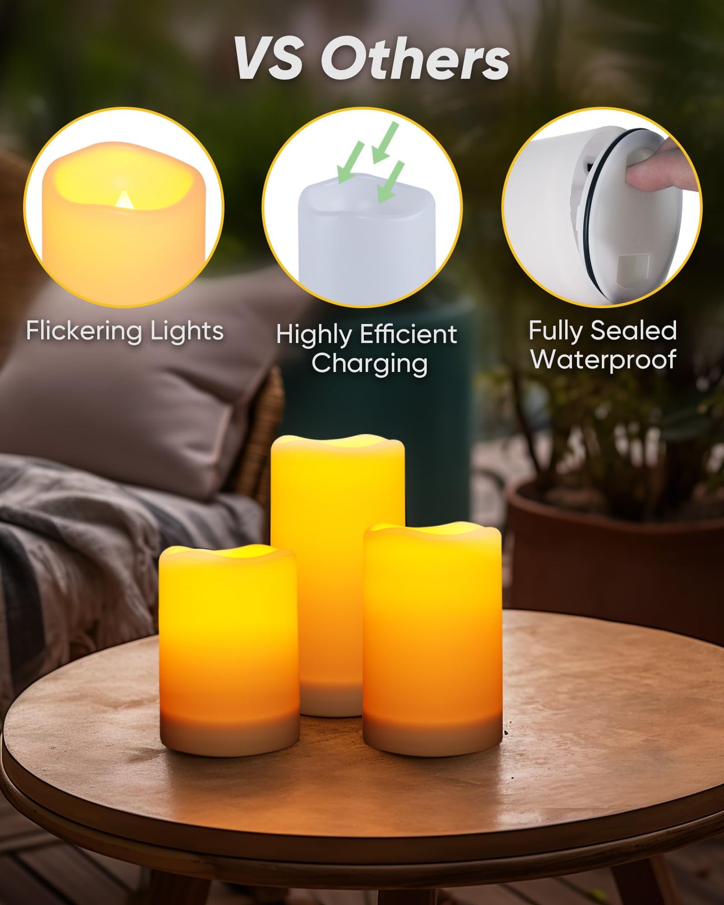 Homemory Solar Powered Candles Outdoor Waterproof, Flickering Glow, Rechargeable Solar Powered Candles for Outside, Lanterns, Sensor Only, Dusk to Dawn, Set of 6
