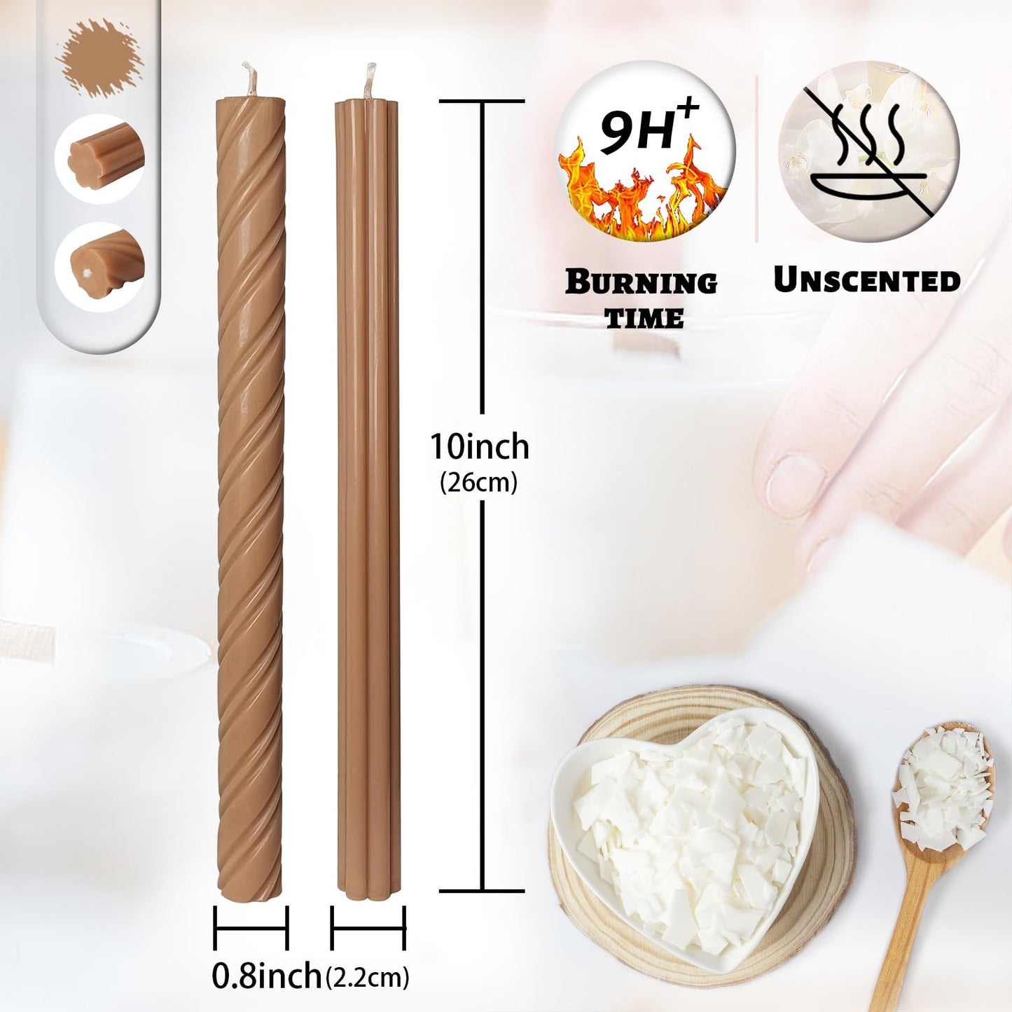 Dripless Unscented Brown Spiral Taper Candles Smokeless Long Lasting Burn 10 Inch Elegant Roman Column Candlesticks for Home Décor Holiday Gift,Set of 6