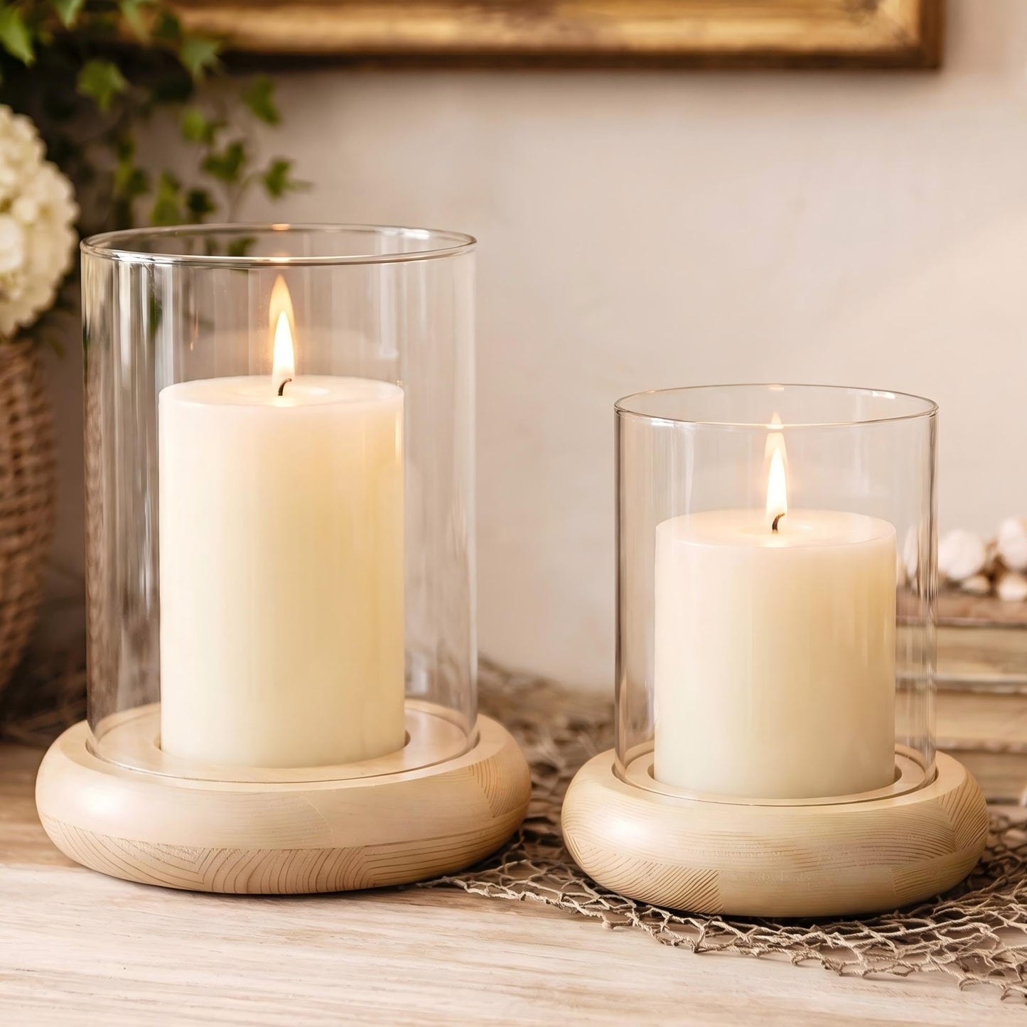 Set of 2 Hurricane Glass Candle Holders with Natural Brown Wood Base Decorative Candle Lantern, Farmhouse Rustic Boho Table Centerpieces Decor for Living Room, Outdoor Home Decor