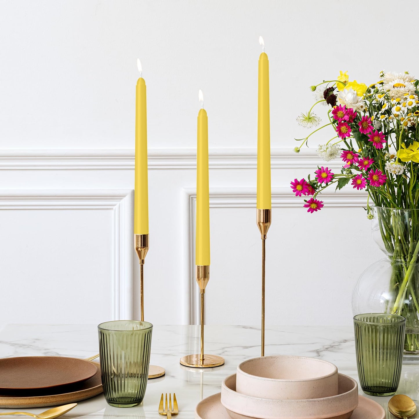 LYOBATH 4 Pack Yellow Taper Candles - Taper Candles 10 Inch Dripless, Smokeless & Unscented - 8 Hours Long Burning - Ideal for Weddings, Dinner Parties, and Home Decor