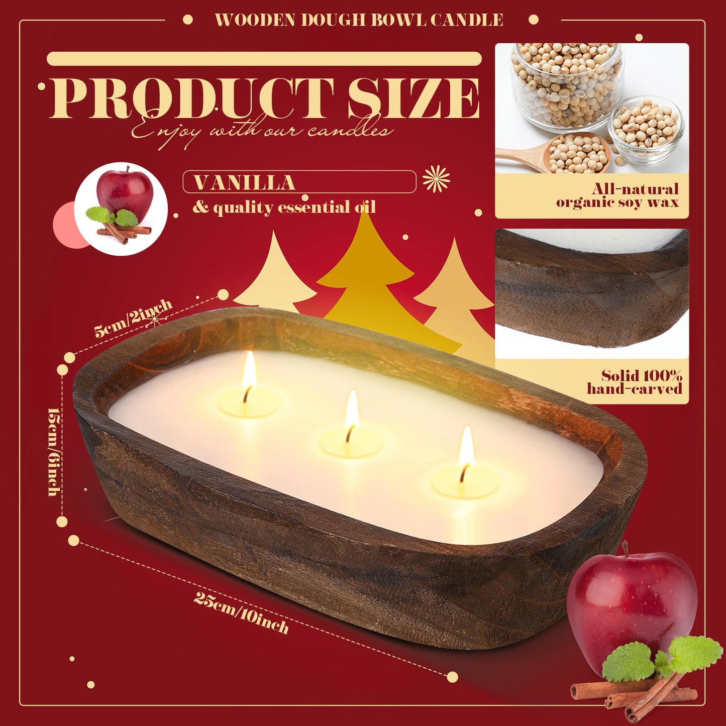 Threlaco 2 Pack Wood Dough Bowl Candle Jar Candle Decorative with Wick Scented Candles Soy Gifts for Men Women Farmhouse Table Centerpiece Home(Apple and Cinnamon)